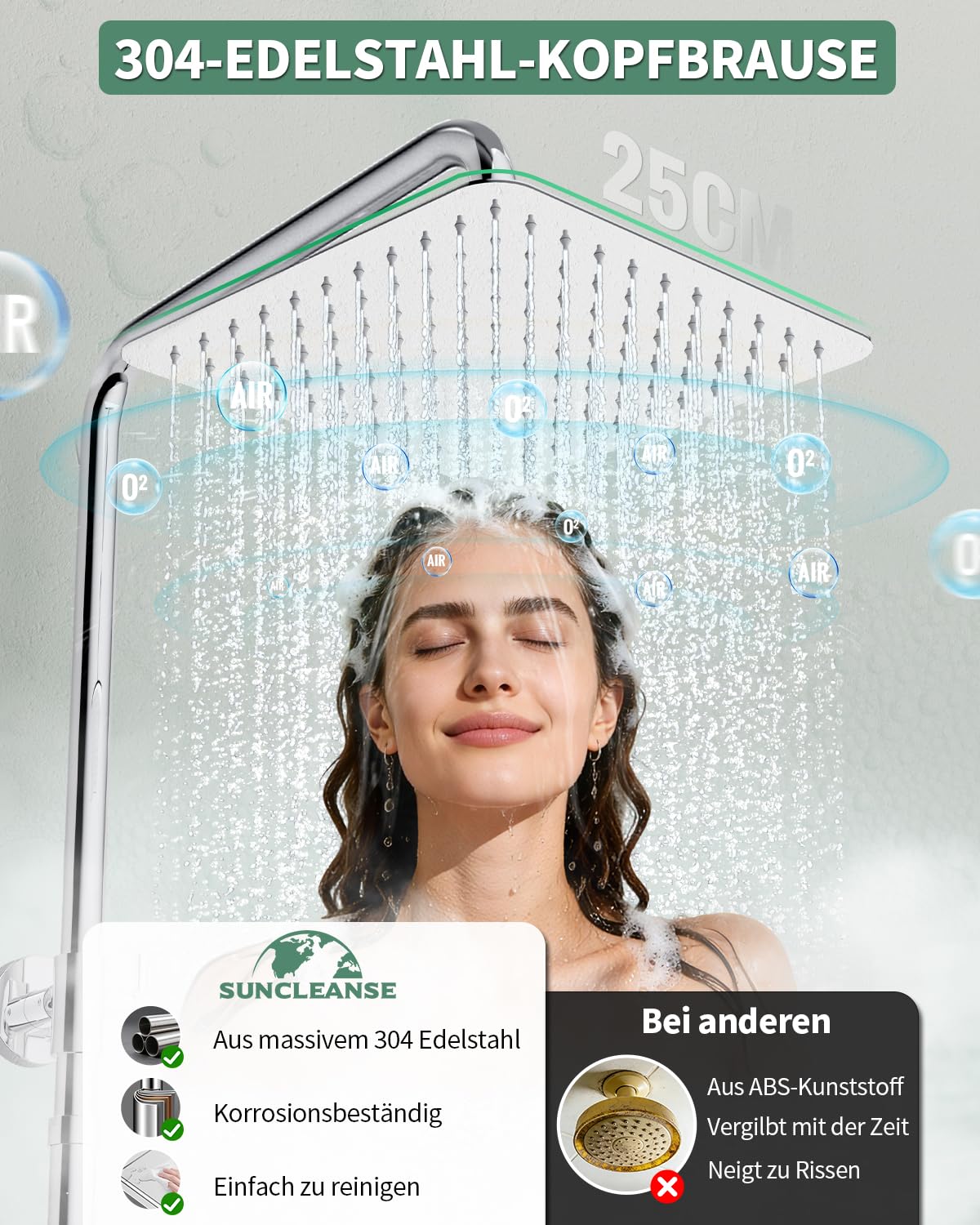 SunCleanse Regendusche ohne Armatur, Eckiger Duschkopf aus Edelstahl 25x25 cm, höhenverstellbar Duschstange von 75-110cm, Mit Hochdruck Handbrause, Duschsystem mit Messing-Umschaltventil, Chrom