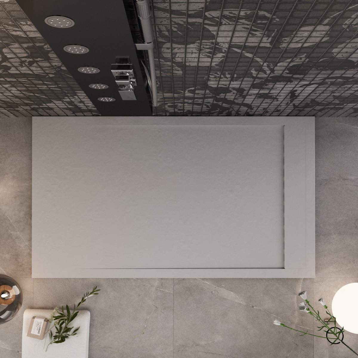Luminosa ArredoBagno Plato de ducha de resina 150 x 70 cm, efecto piedra antideslizante con gel – Modelo Luxury gris claro – Rejilla de color liso y pileta incluidas