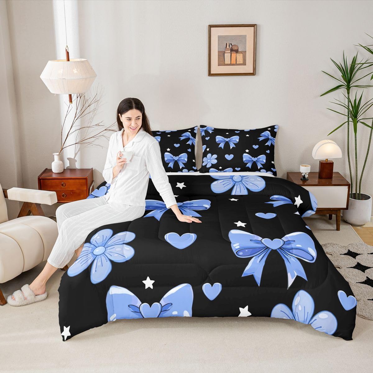jejeloiu Bow Comforter Set All Season Bowknot Bedding Set with 2 Pillow Cases Black Blue Microfiber Kids Full Bedclothes Bow-tie Bedroom Decor Duvet Quilt Breathable Soft Lightweight