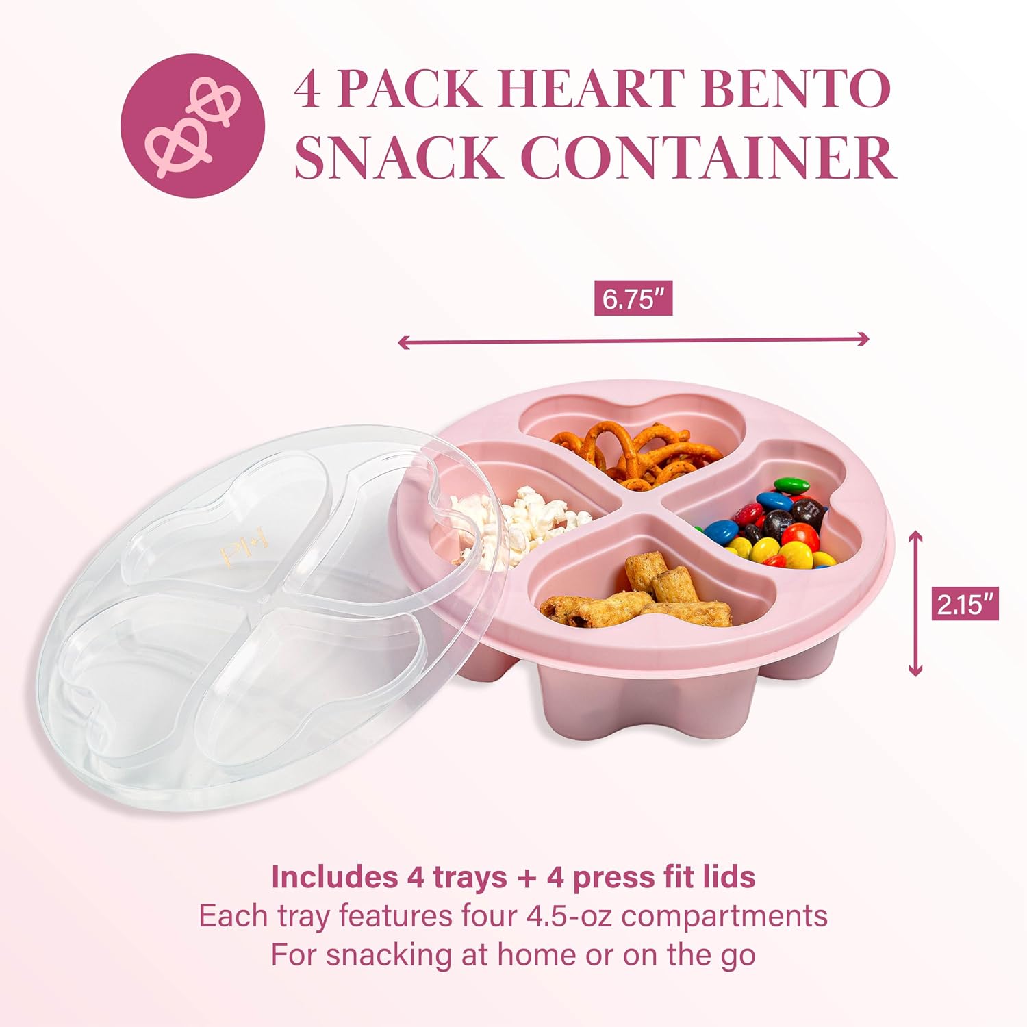 Paris Hilton Stackable Bento Snack Container Set, 4-Compartment Meal Prep Lunch Boxes with Press-Fit Lids, Microwave & Freezer Safe, 4-Pack, Pink