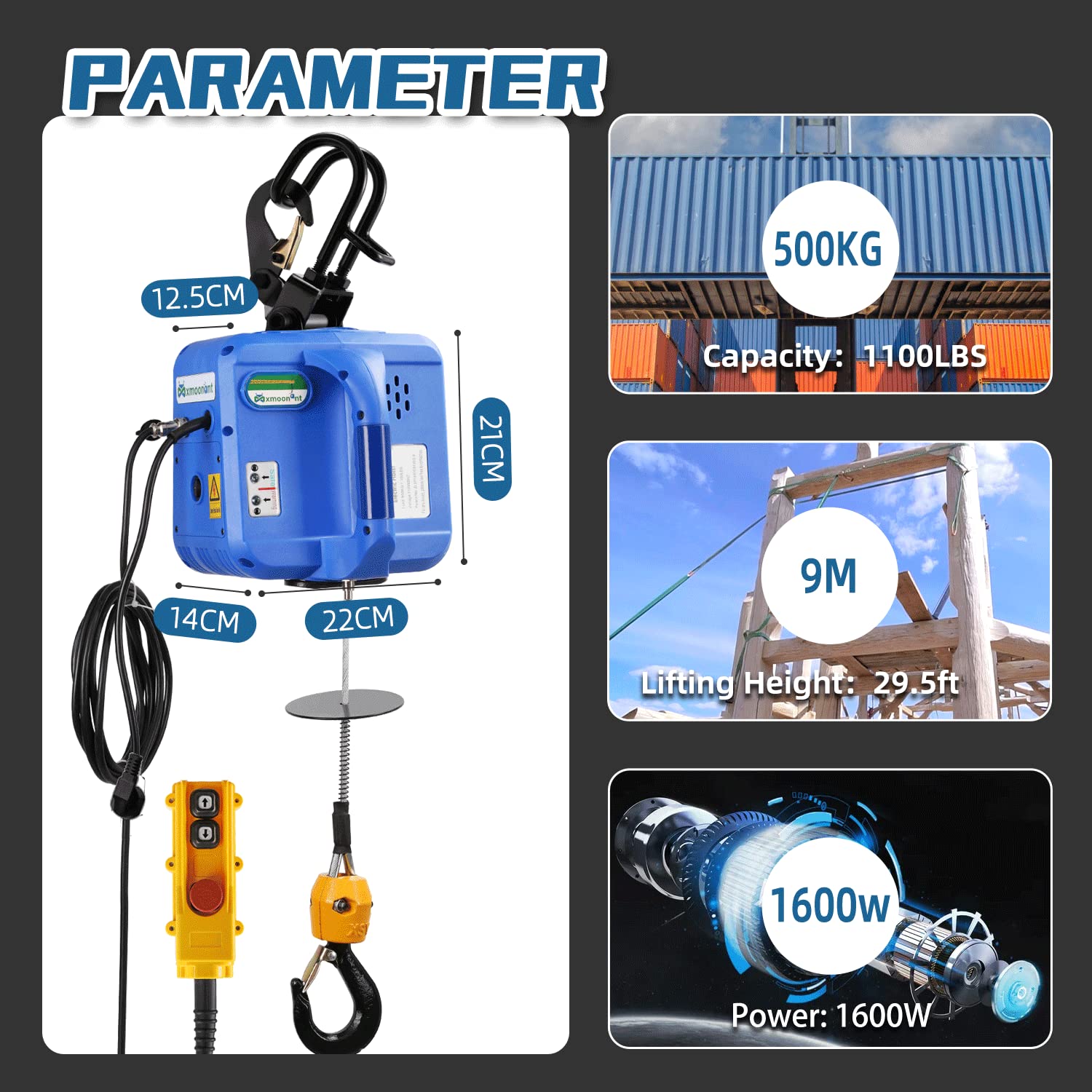 Mxmoonant 1600 W Paranco Elettrico 500 KG con 100 M Telecomandi Senza Fili × 2 per Lavoro di Squadra, Più 5 M Filo Remote, Aggiornato Motor& Ganci per Garage Magazzini Costruzione Domestica 220 V