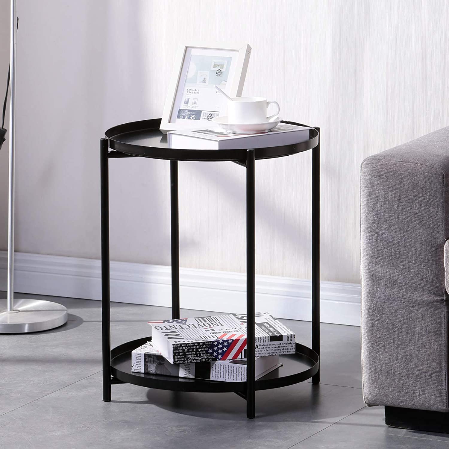 INDIAN DECOR 48288 Metal End Table, 2 Tier Small Round Side Table with Removable Tray, Suitable for Outdoor & Indoor, Living Room, Bedroom and Balcony (17" × 20.5", Black) 4