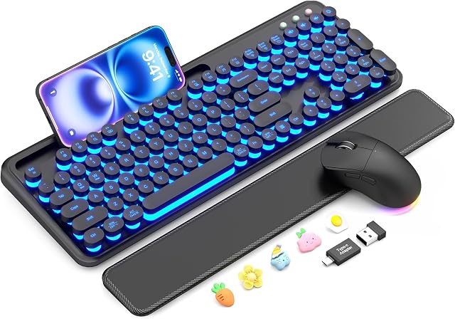 Clavier et souris sans fil Combo - Clavier machine à écrire rétroéclairé avec repose-bracelet magnétique & Support de téléphone, Light Up Round Keycaps, 2.4GHz sans fil Set pour Mac, Windows, PC, Ordinateur portable, SABLUTE