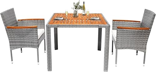 Juego de 3 piezas de muebles de patio al aire libre con mesa de madera de acacia, juego de mesa de mimbre y sillas para patio, terraza, gris