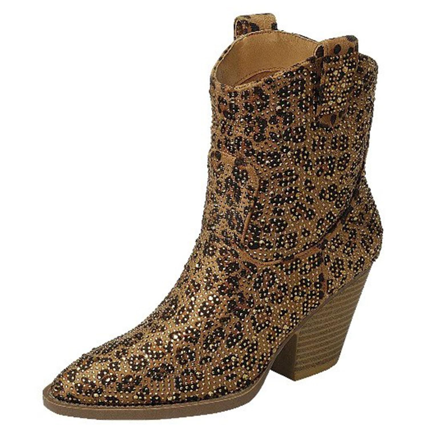 Forever Womens Rhinestone Block Heel Ankle Boots River-01 Leopard 7 5