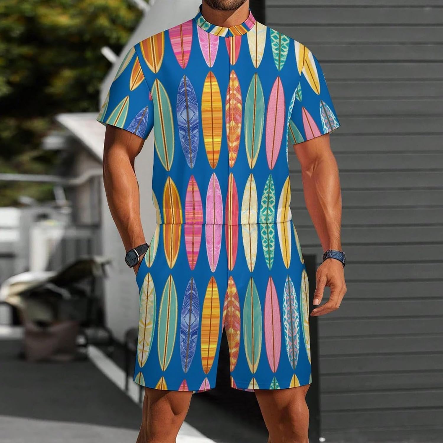 Surf Board Colorful Novelty Men's Short Sleeve Romper Zipper Slim Fit Jumpsuit with Pockets