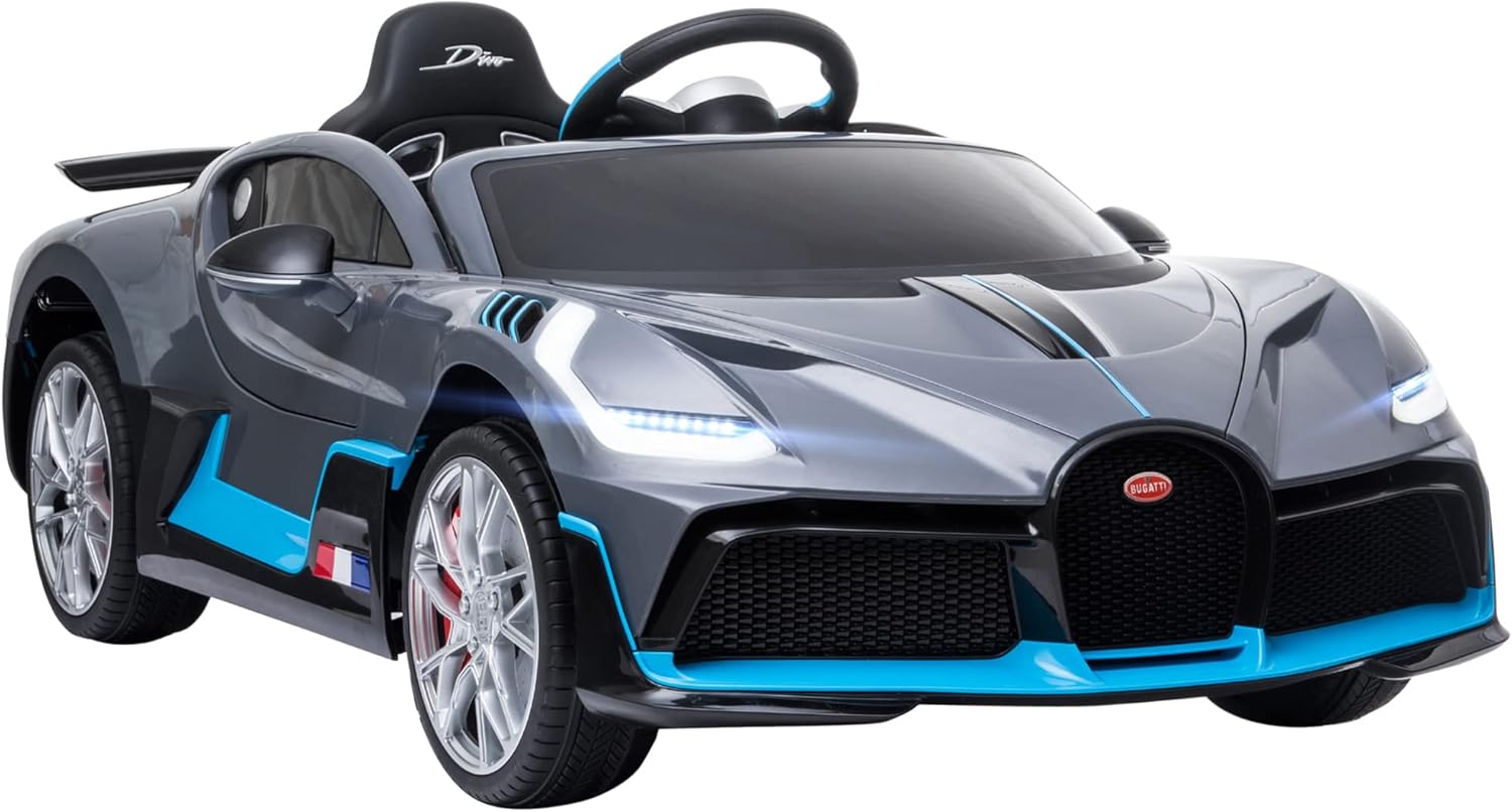 HOMCOM Coche Eléctrico Bugtti Divo para Niños de 3-6 Años Coche de Batería 12V con 2 Motores Mando a Distancia Faros LED Bocina Música USB MP3 y Velocidad 1,5-3 km/h 128x72x47 cm Gris