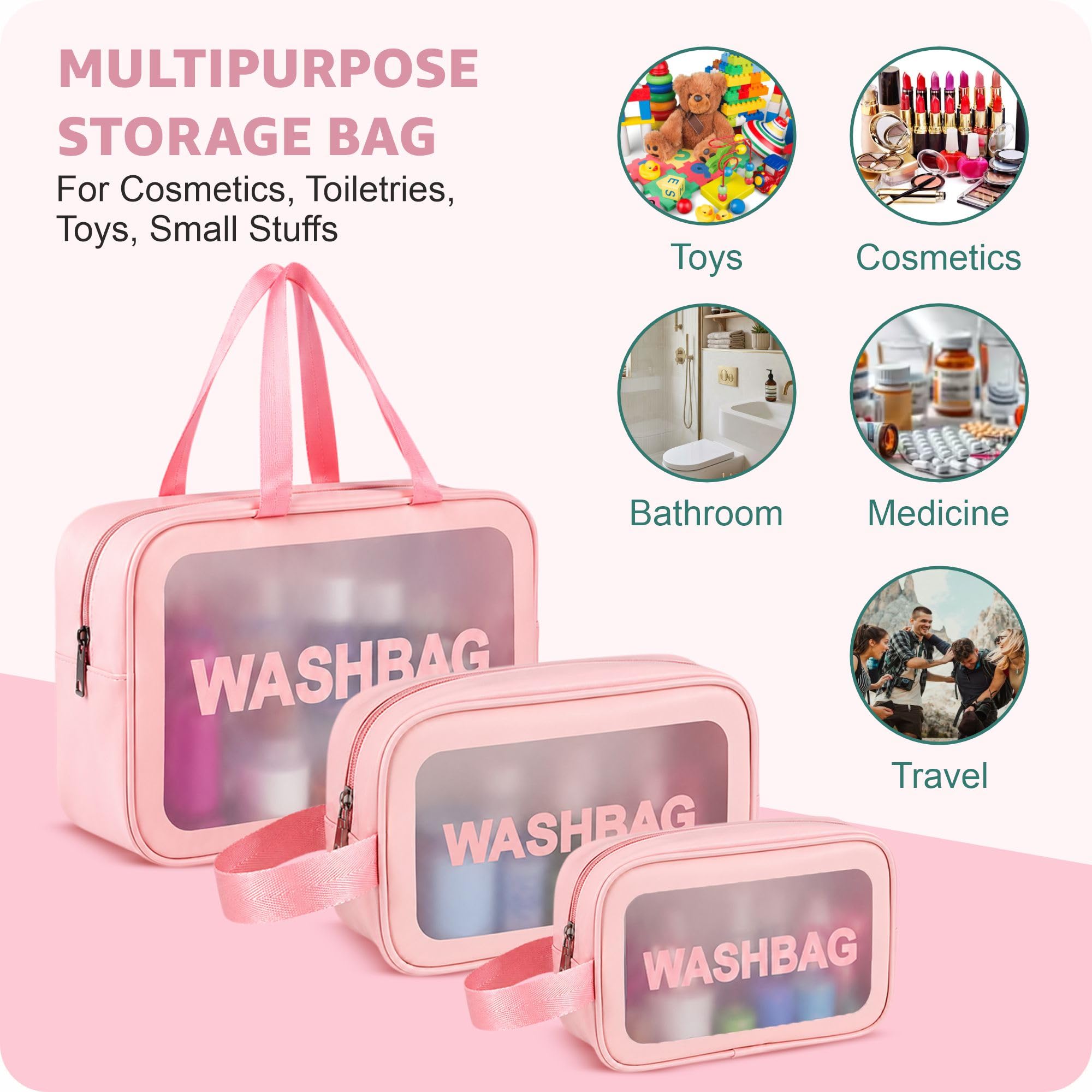 FLYNGO Set di trousse trasparenti per trucchi, organizer per cosmetici per donne e ragazze, kit da viaggio impermeabile per articoli da toeletta, Set di 3 LIght Rosa, Accessori da viaggio