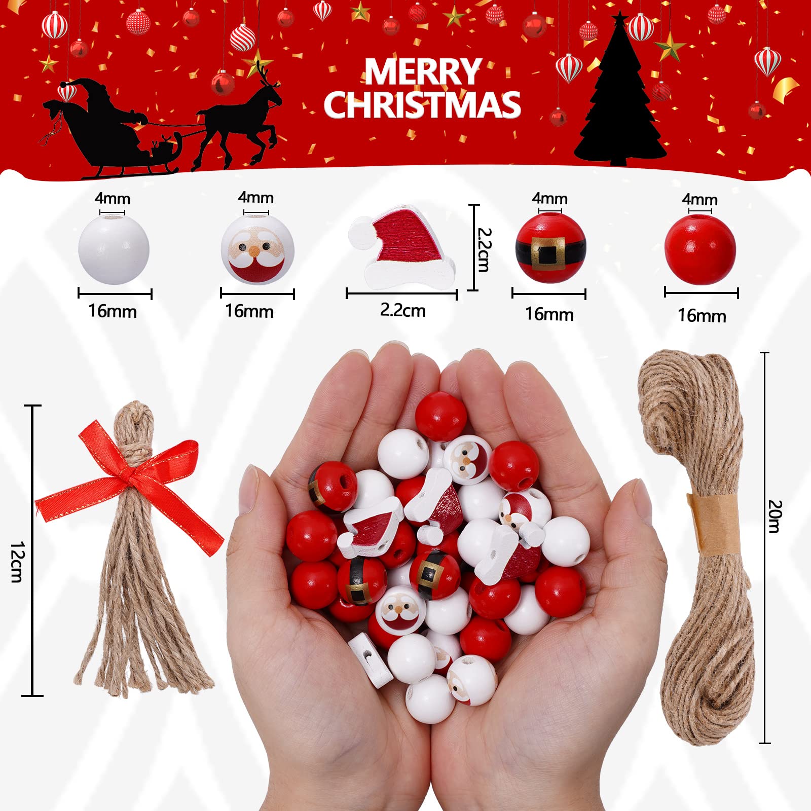 Waline Weihnachts-Bastelperlen Aus Holz – 150 Stück Mit Weihnachtsmann-Motiven, Inkl. Hanfseil & Quaste