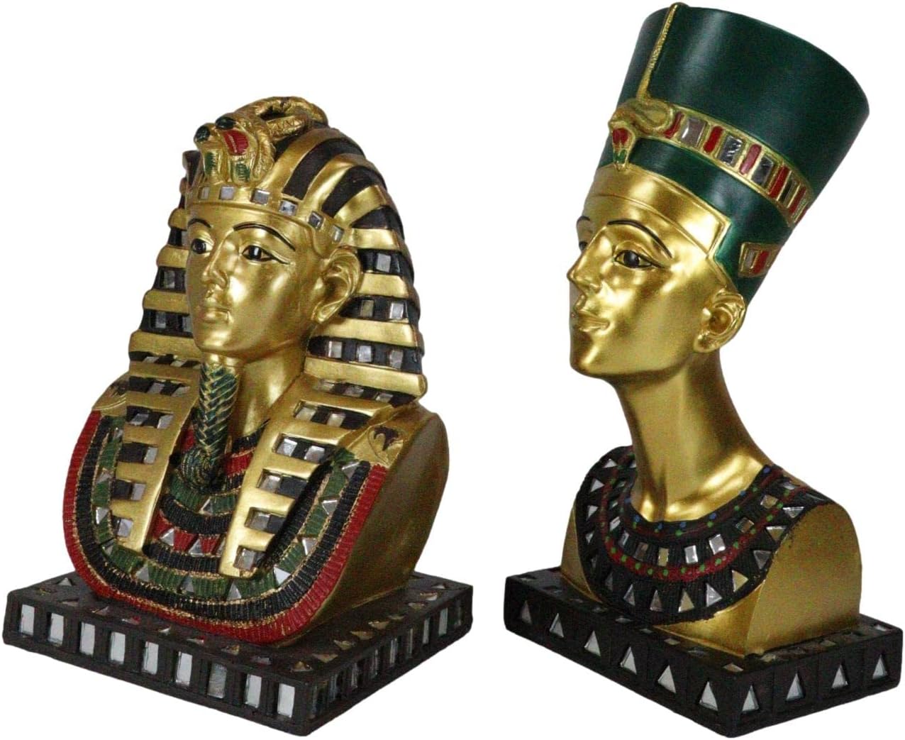 Ebros Gift Golden Ancient Egyptian Dynasty Kings and Queens Gods and Goddesses of Egypt Classical Sculpture with Artistic Mirror Fragments (Pharaoh King TUT and Queen Nefertiti Set of 2)
