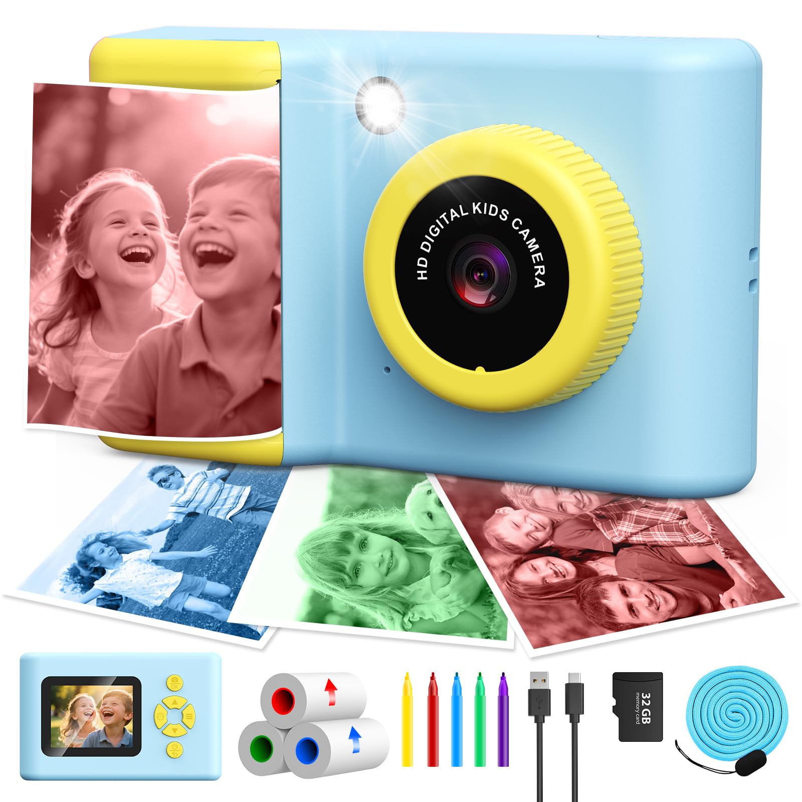 CHAKEYAKE Cámara Instantánea Infantil, 20MP 1080P Cámara Digital con Pantalla 2,4 Pulgadas, 3 Rollos Papel Fotográfico Color, Tarjeta Memoria 32GB, Rotuladores, Regalo Infantil 3–12 Años, Azul