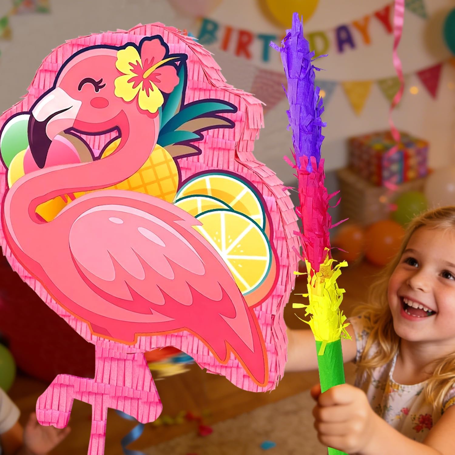 4 In 1 Flamingo Piñata, 23'' Hawaiian Piñatas Bundle, Tropical Hawaiian Party Decor Stick etc Flamingo Party Pinata for Flamingo Party Favor Bag Fillers Decorations