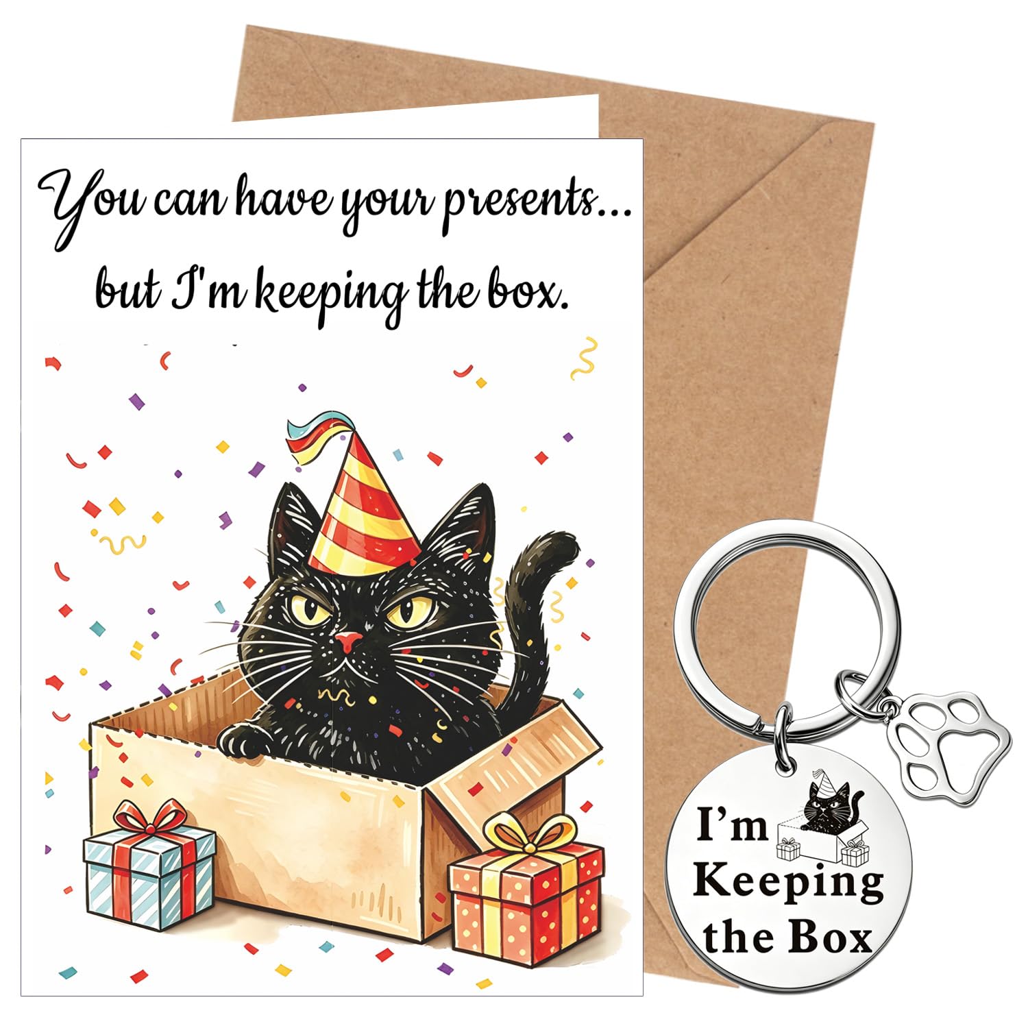 XINDY Funny Cat Birthday Card, Black Cat Keeping the Box Keyring Sarcastic Birthday Cards For Men Women, Gifts for Him Her Friends Besties Colleagues Coworkers Cat Lovers Brother Sister Son Daughter — image 1