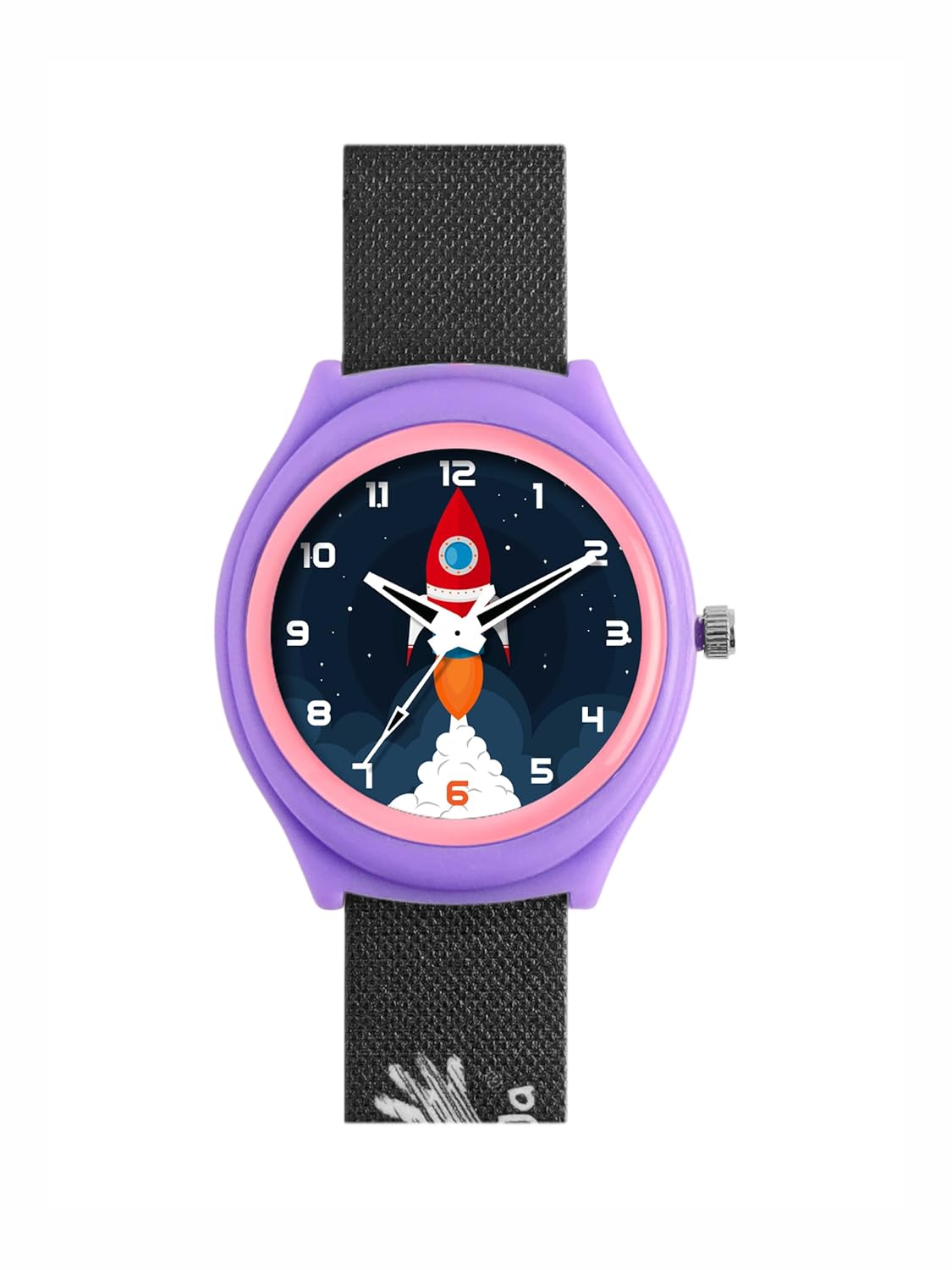 Ji and Ja Kids Watch – Purple Case with Rocket Design Dial & Black Strap | Space Theme Analog Watch for Boys & Girls – JJ232