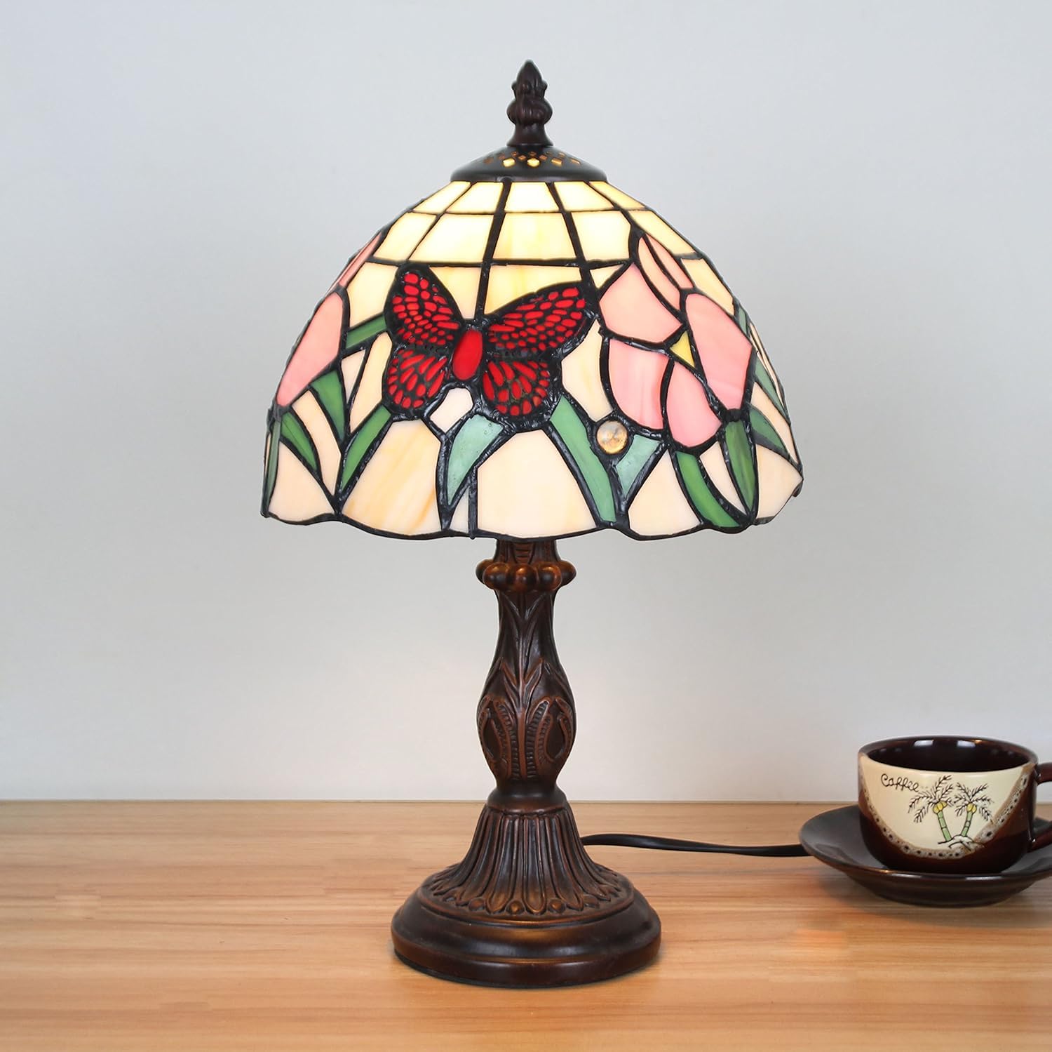 Tischlampe kleine im Tiffany Stil,Vintage Nachttischlampe,Schlafzimmer Deko Lampe,Jugendstil Tischleuchte,Schmetterling Blume Buntglas Lampenschirm mit 20cm / 8 Zoll Mit E14 LED Birne