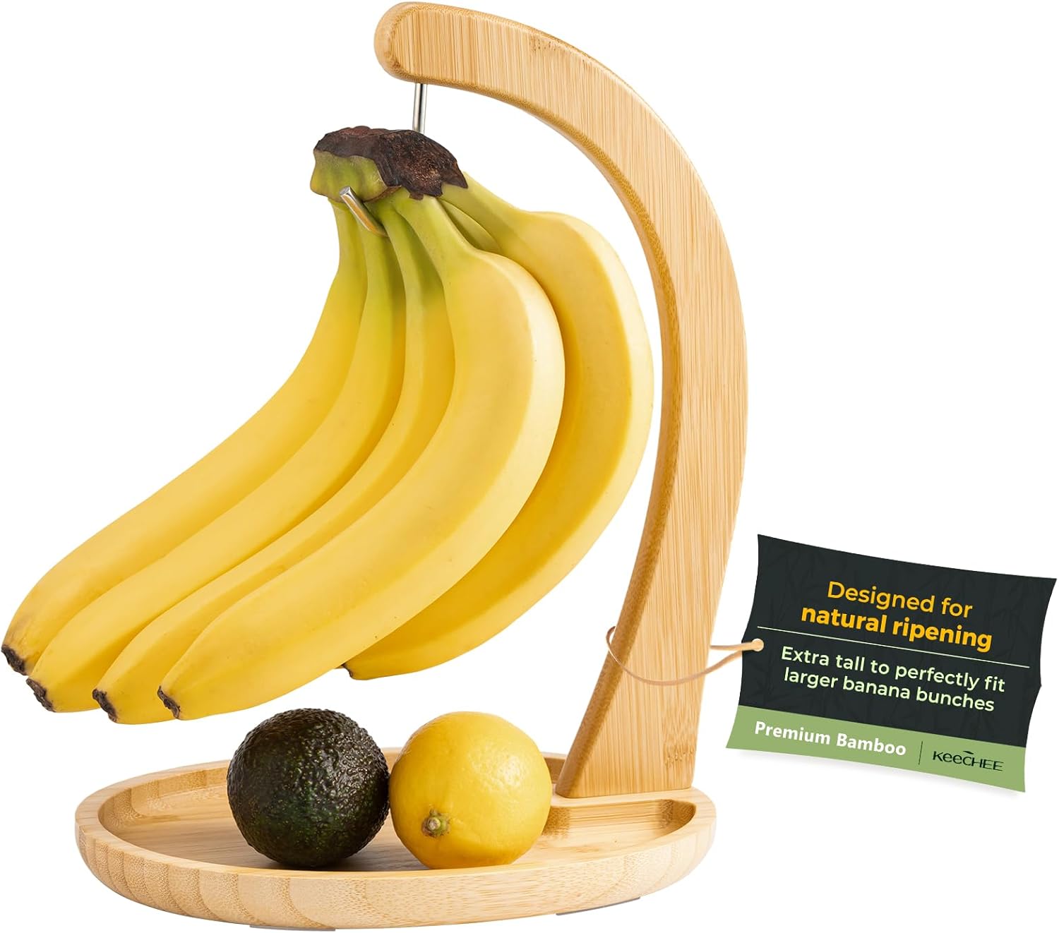 keechee Premium Bamboo Banana Holder with Fruit Tray, Extra Tall 12.9" Banana Hanger Stand for Kitchen Countertop, Sturdy Banana Hook Keeps Fruit Fresh & Bruise-Free, Easy Assembly