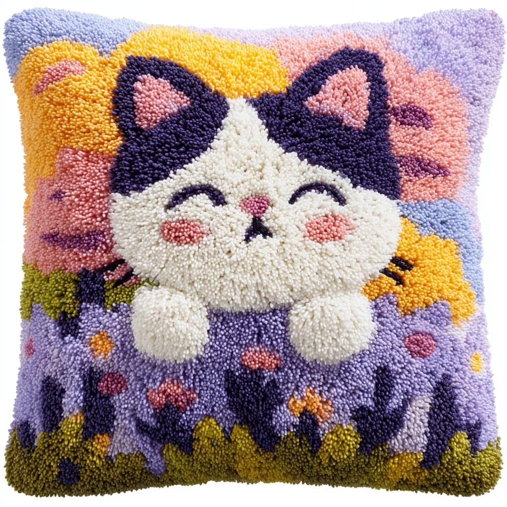 AxiangziK Latch Hook Pillow Kit for Beginners,Lavender Flowers and Cats