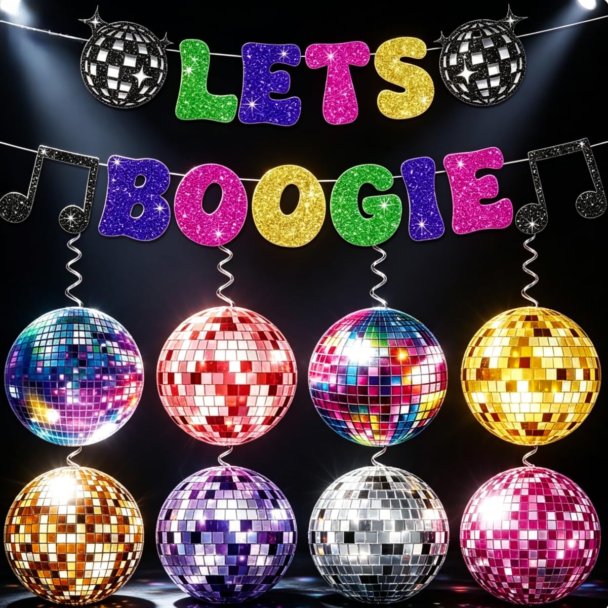 Disco Decorations Set - Retro 70s Style Party Banner with Spiral Hanging Decorations for Adult Themed Parties