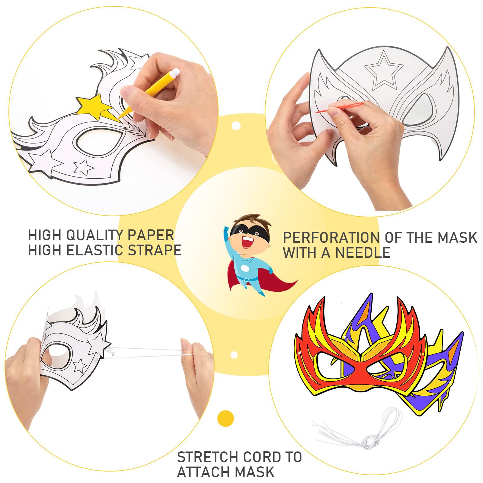 Hifot 9 szt. DIY maski superbohaterów na imprezę dla dzieci: biała kartka papier artystyczny z elastyczną linką do cosplay, przebieranki, artykuły na przyjęcie urodzinowe