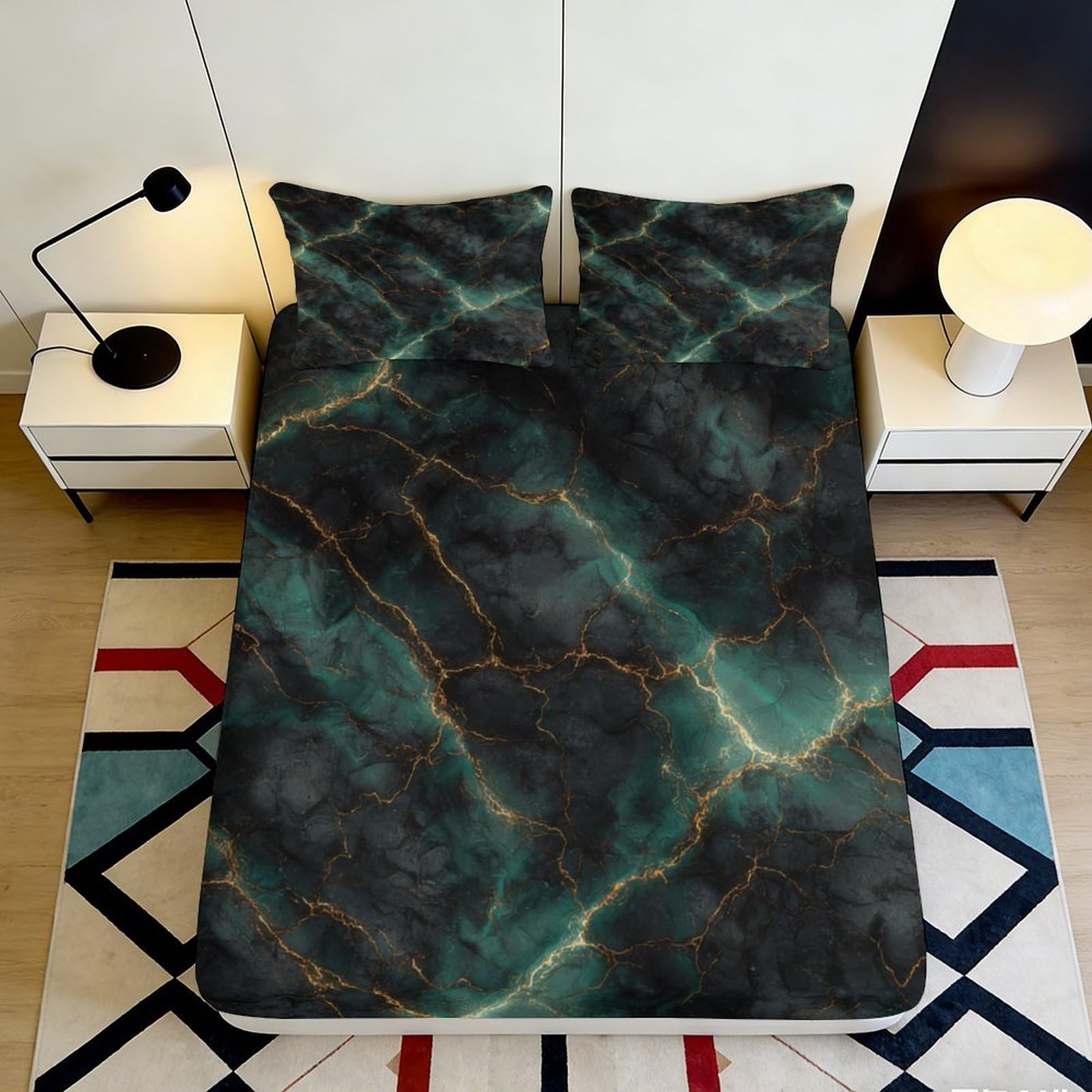 3D Printed Marble Texture Fitted Sheet Microfiber Soft Breathable Emerald Vein Mattress Cover for Bedroom Dorm Decor 90x200x25cm