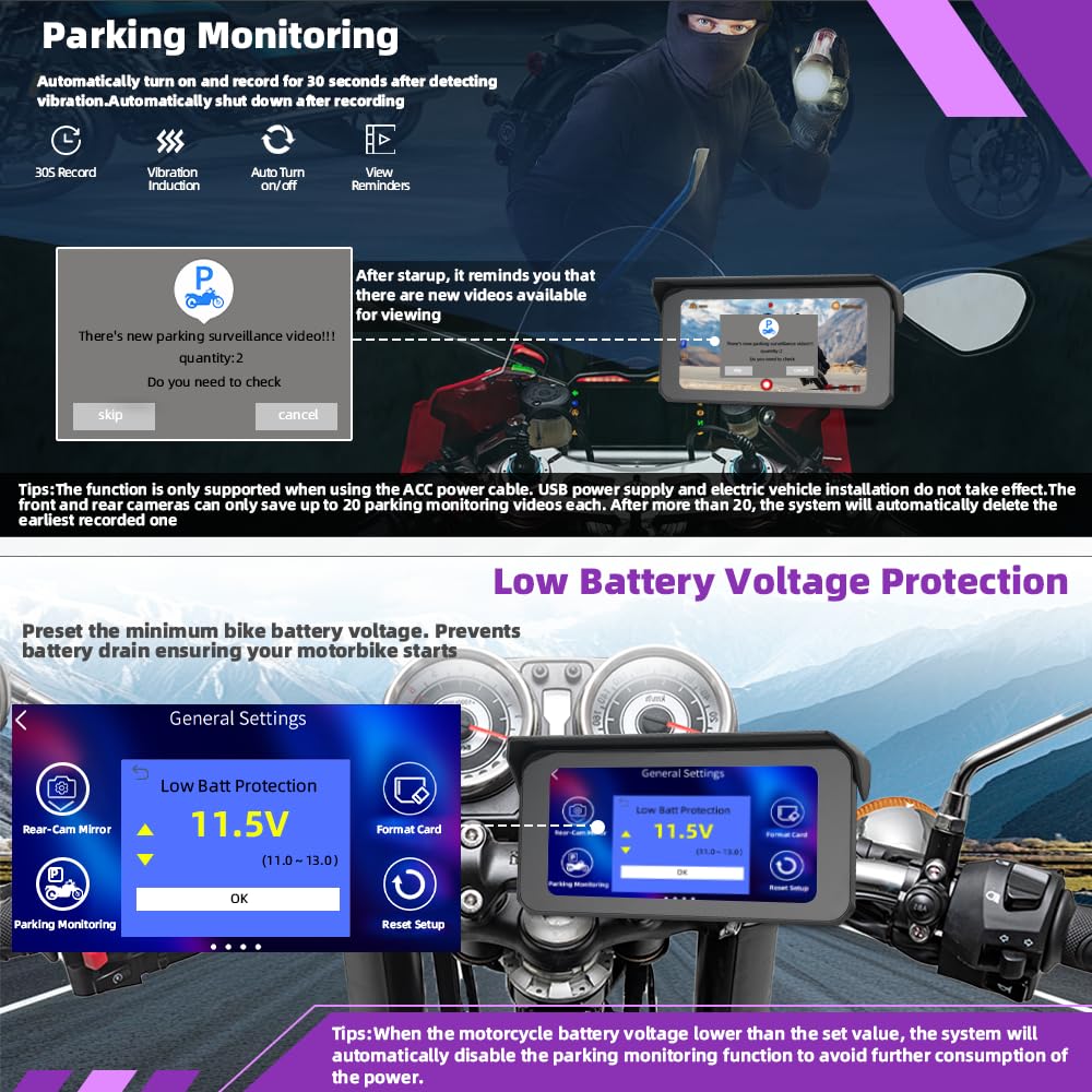 VSYSTO Dual 2K Wireless Carplay Motorrad Dashcam, 6,25 Zoll Touchscreen, 5G WLAN, Parküberwachung, Reifendrucküberwachung, Rückfahrmodus, GPS, kabelgebundener Controller, Temperaturanzeige (CS6)