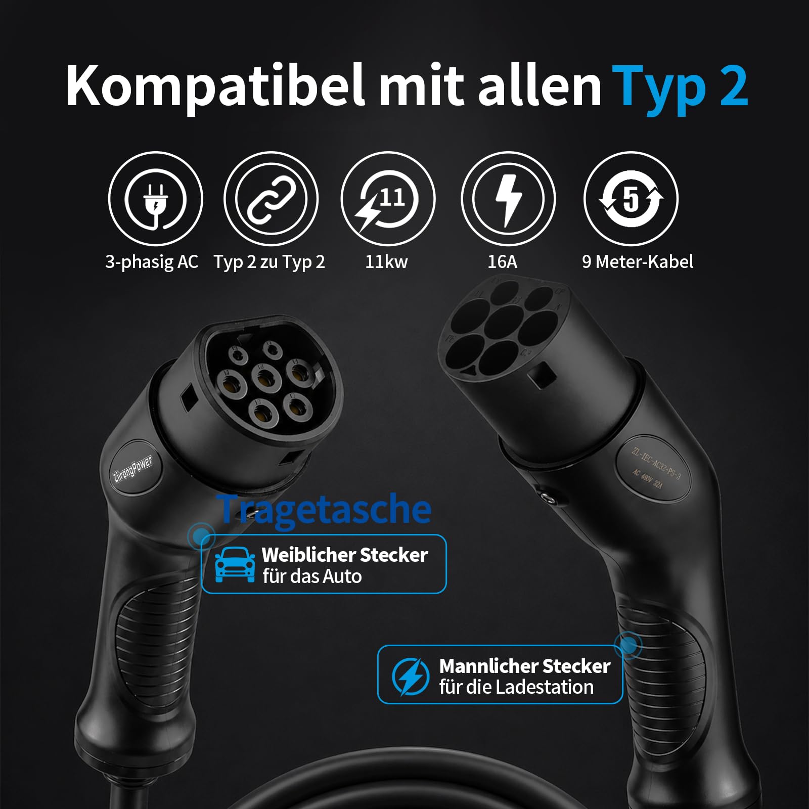 Typ 2 Ladekabel 11kW 9M 16A Ladekabel Elektroauto 3 Phasig für E Auto EV/PHEV mit Tasche Geeignet für Model S/3/X/Y e-Golf ID.3 i3/i8