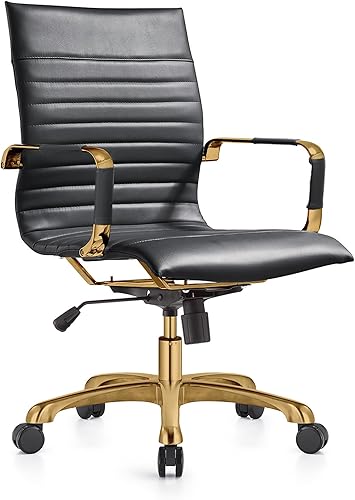 Miniatura 25 de LeisureMod Harris Silla de oficina con almohadilla suave, silla ejecutiva de piel sintética con base de acero dorado, altura ajustable, bloqueo de
