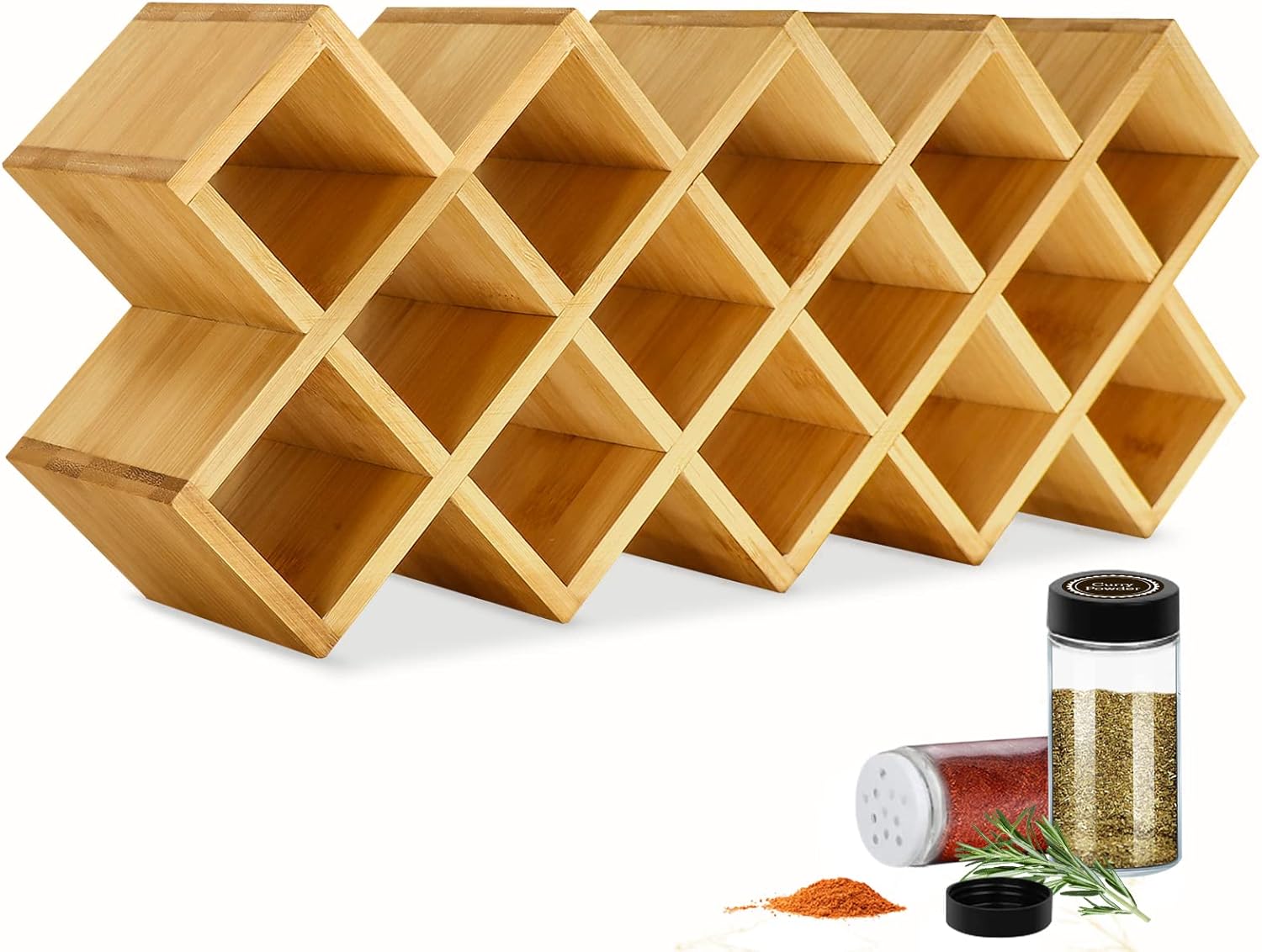 Bamboo Criss Cross Spice Rack Organizer for Cabinet, Wood Seasoning Rack Spice Organizer Holder, 18-Jar Spice Rack Tower Spice Storage Holder Organizer for Kitchen Countertop Drawer-Jars Not Include