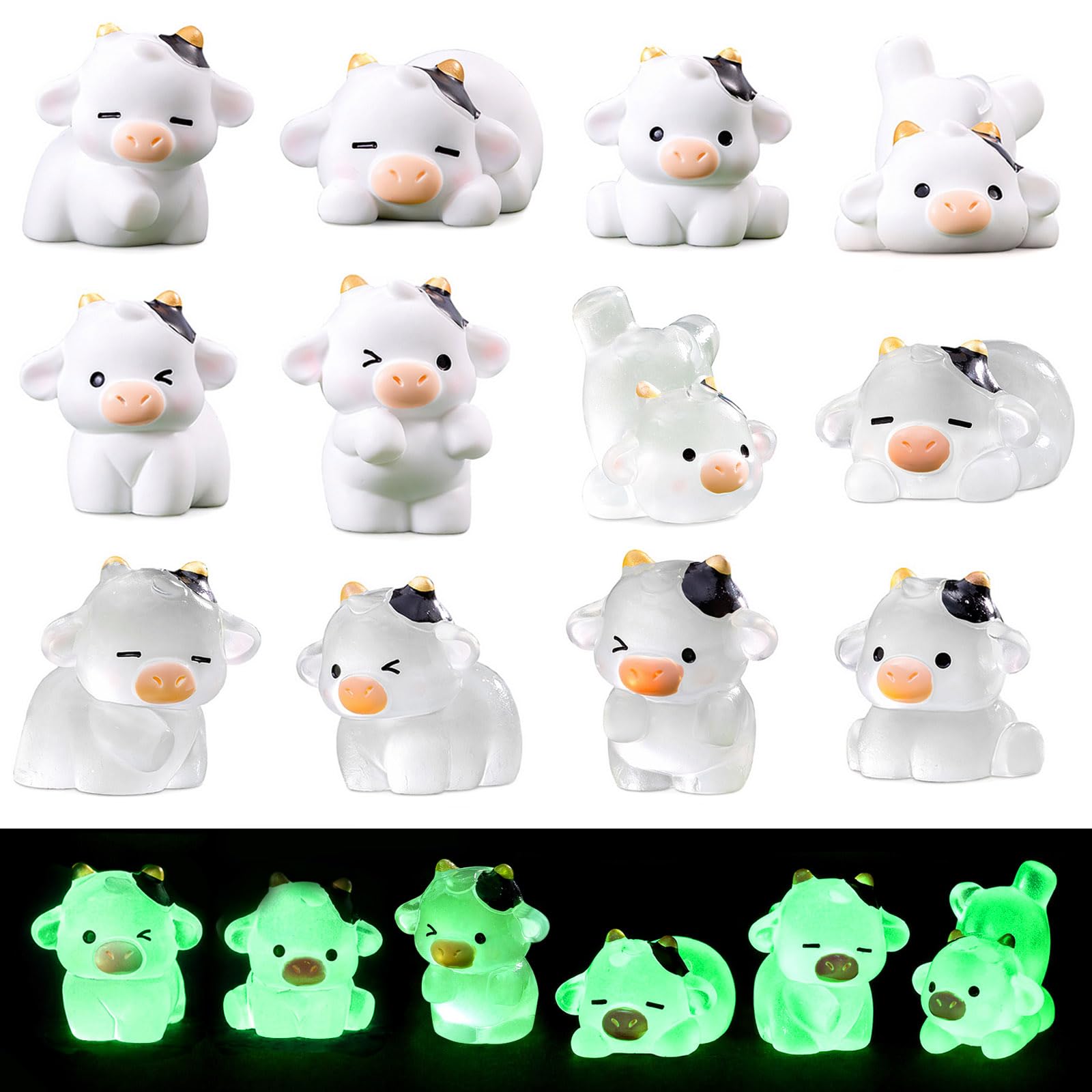 12 Pcs Mini Resin Animals Cows Luminous Figurines for Garden Decor