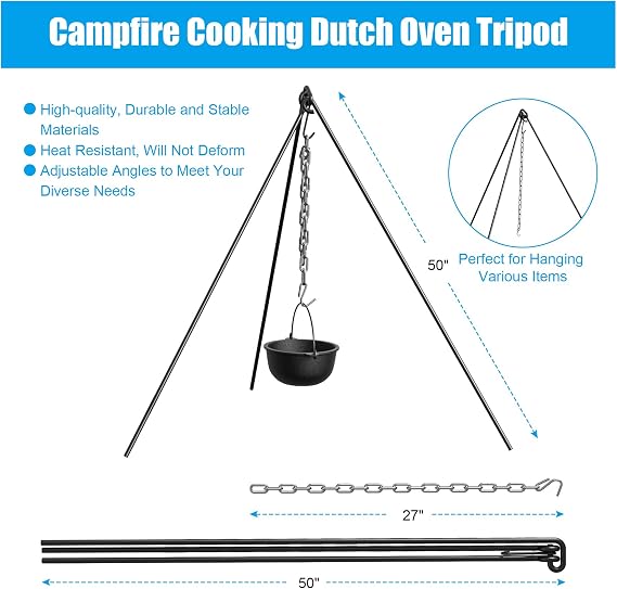 50 Dutch Oven Tripod with Carry Bag, Cast Iron Campfire Cooking Stand