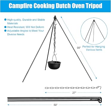 50 Dutch Oven Tripod with Carry Bag, Cast Iron Campfire Cooking Stand