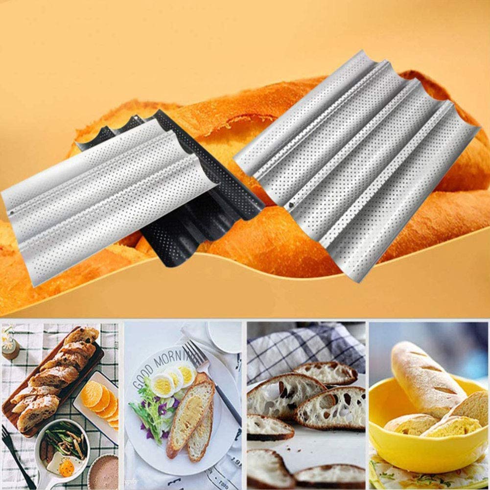 Baguette Baking Tray, Nonstick Wave Mould Fast and Evenly Heating, Perforated Baguette Kitchen Gourmet Making Pan, Baking Sheet, for French Bread, Stick Bread, Toast Maki(Black 2 Baguettes-2Pcs)