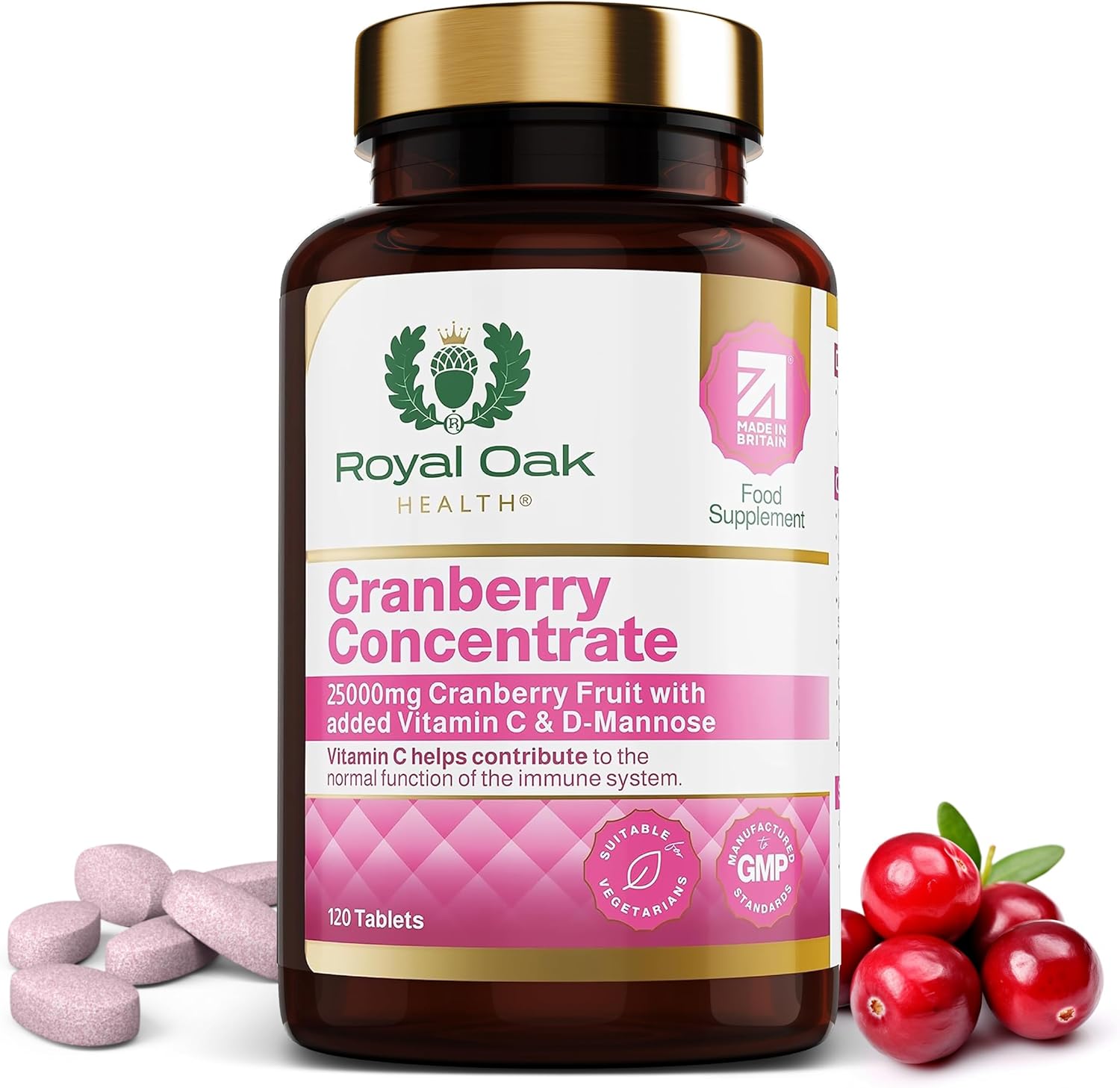 Premium Cranberry Concentrate 25,000mg with D-Mannose & Vitamin C |4 Month Supply x120 Tablets | Non-GMO, Gluten Free, Cranberries Fruit Extract Supplement for Women| UK Made by Royal Oak Health