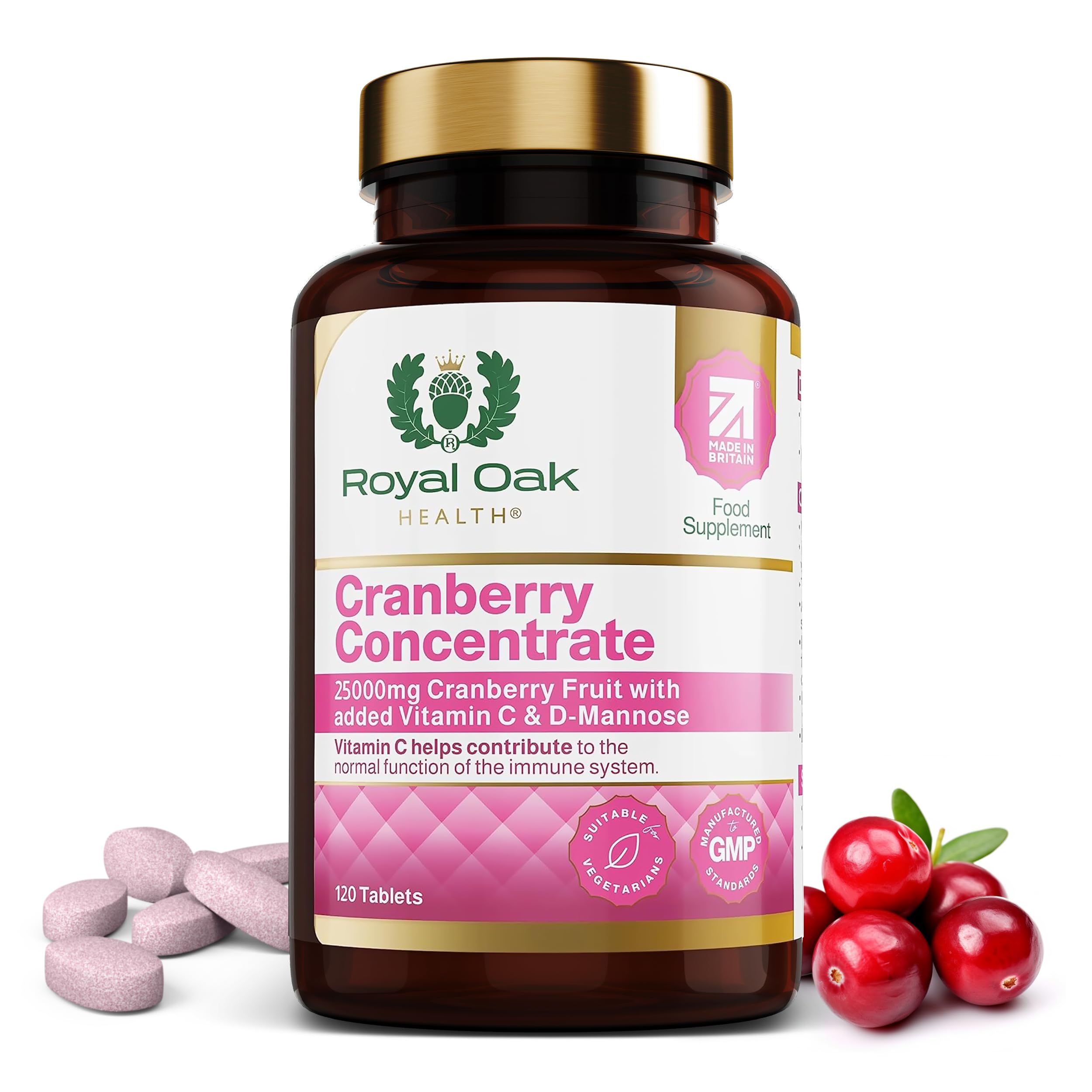 Premium Cranberry Concentrate 25,000mg with D-Mannose & Vitamin C |4 Month Supply x120 Tablets | Non-GMO, Gluten Free, Cranberries Fruit Extract Supplement for Women| UK Made by Royal Oak Health
