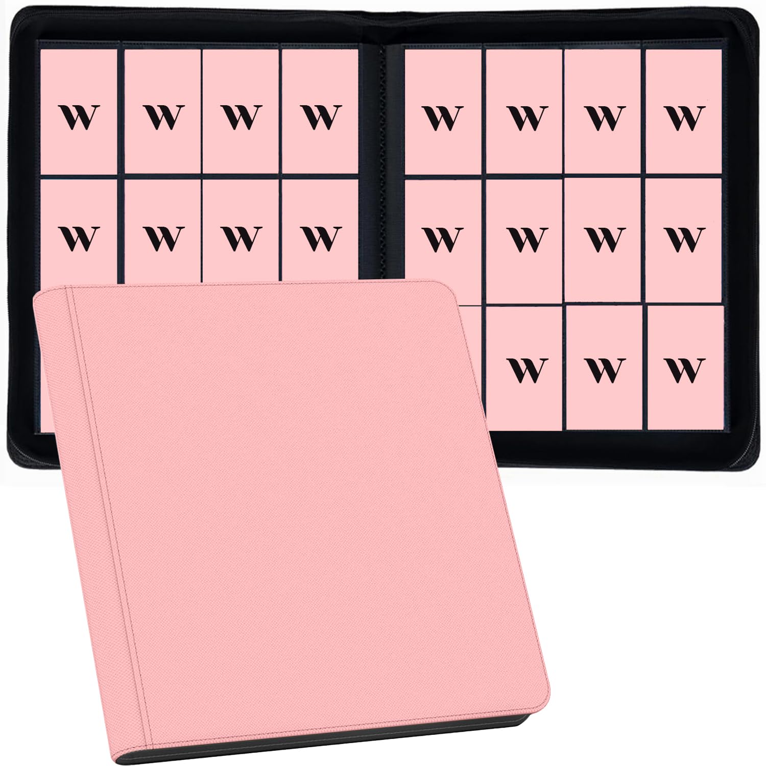 12 Pocket Card Binder, 720 Pockets PU Leather Zipper Trading Card Collection Album, Side-Loading Card Storage Folders for MTG, TCG, Game/Sport Crads (Pink, 12 Pockets)