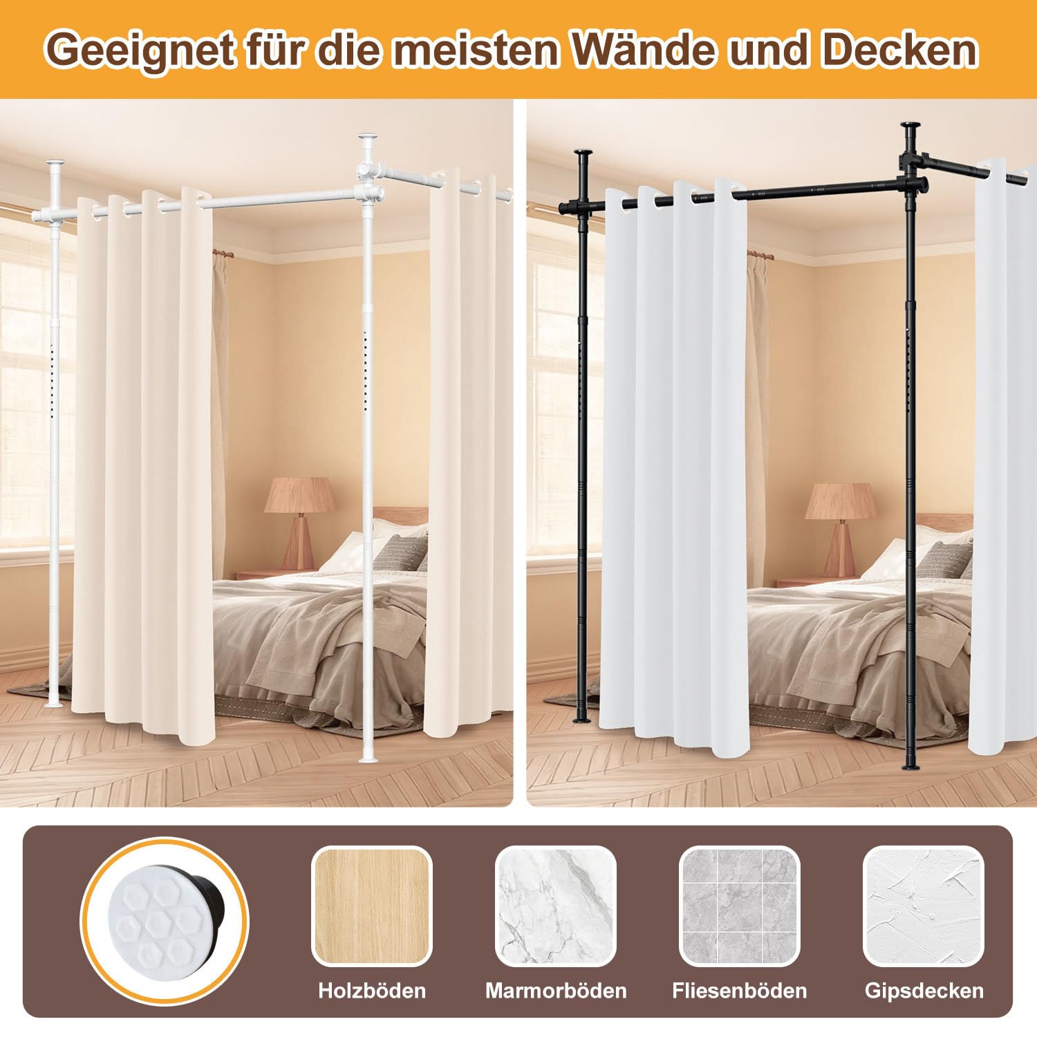 Raumteiler Paraventgestell Gardinenstangen, Freistehend Trennwand Paravent ohne Vorhang, Raumtrenner ohne Bohren, Sichtschutz für Schlafzimmer, 122–320 cm (H), 70–355 cm (B), Schwarz