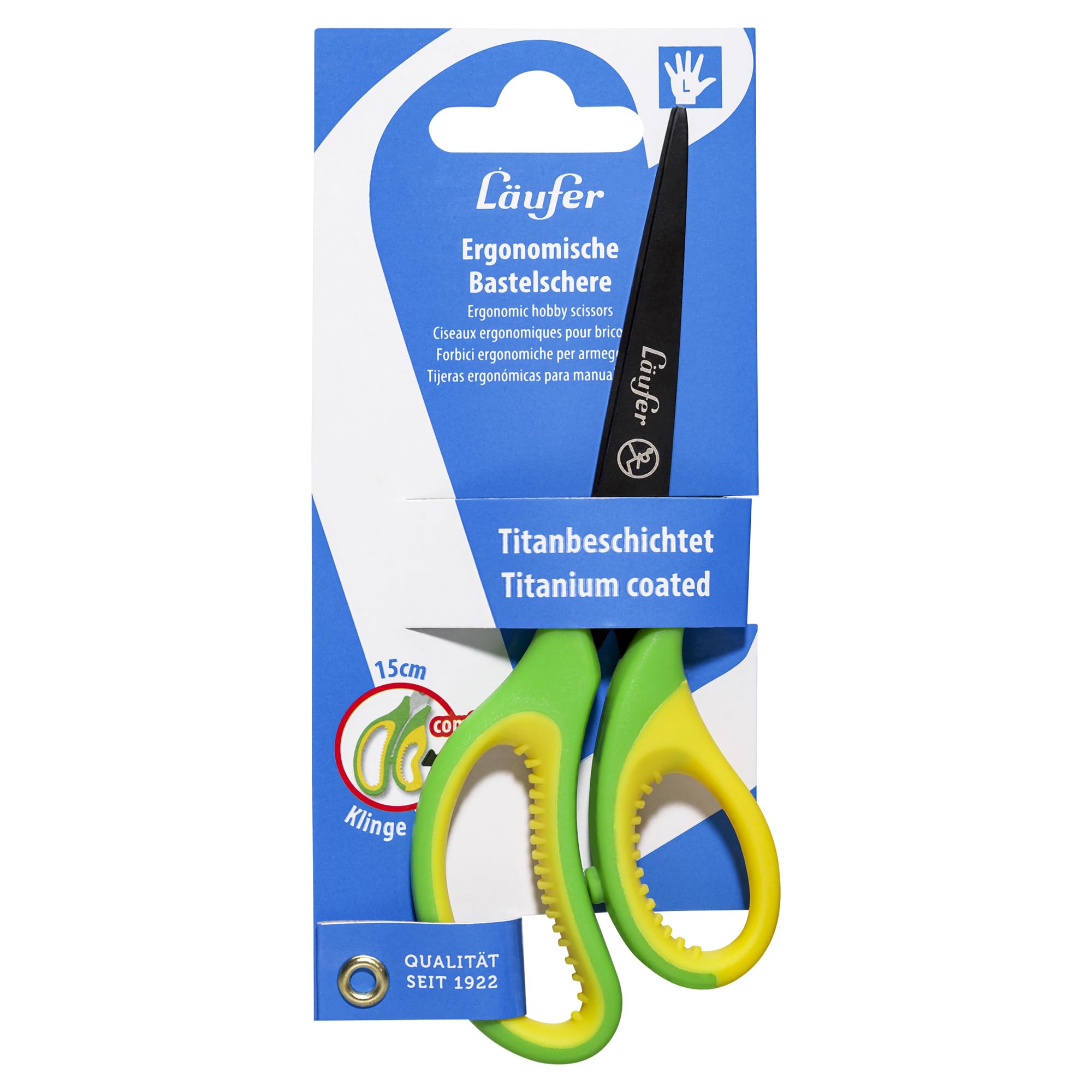 Läufer 87324 Ergonomic Craft Scissors for Left-Handed Users, Pointed, Green/Yellow, School Scissors from 1st Class - Image 4