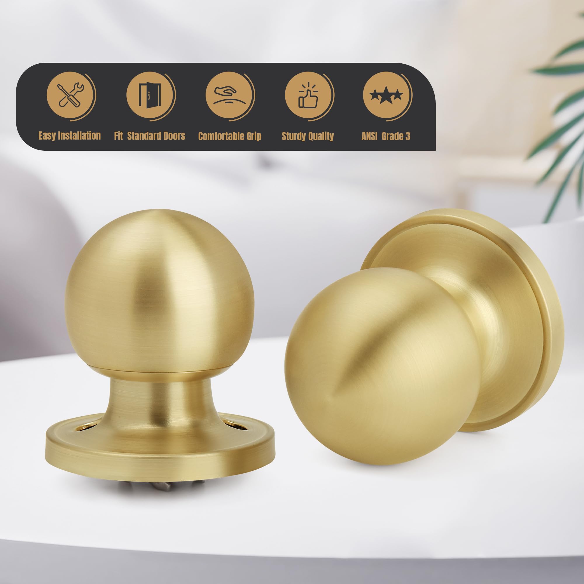 Satin Brass Passage Door Knob - Non-Locking Design -4