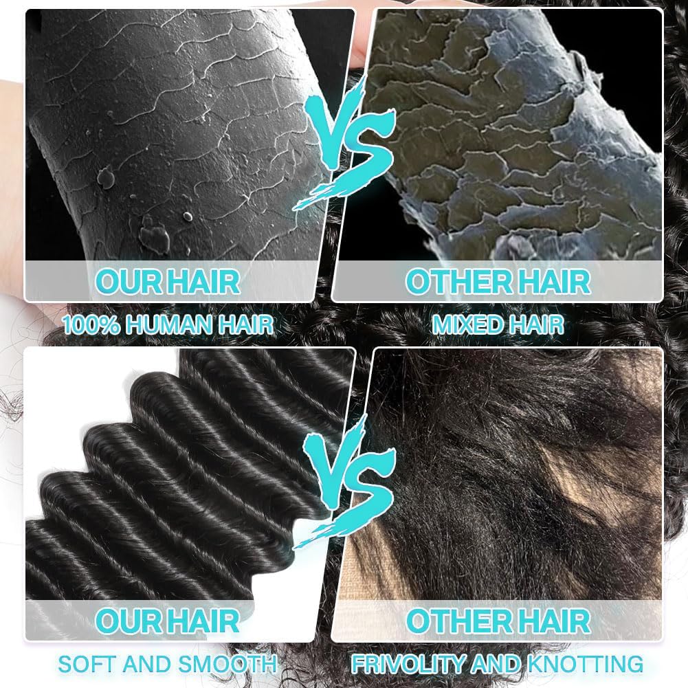 12A Deep Wave Human Hair Bundles 18 20 22 24 Inch 100% Unprocessed Deep Curly Bundles Human Hair Black Women Double Weft Wet and Wavy Hair Natural Color