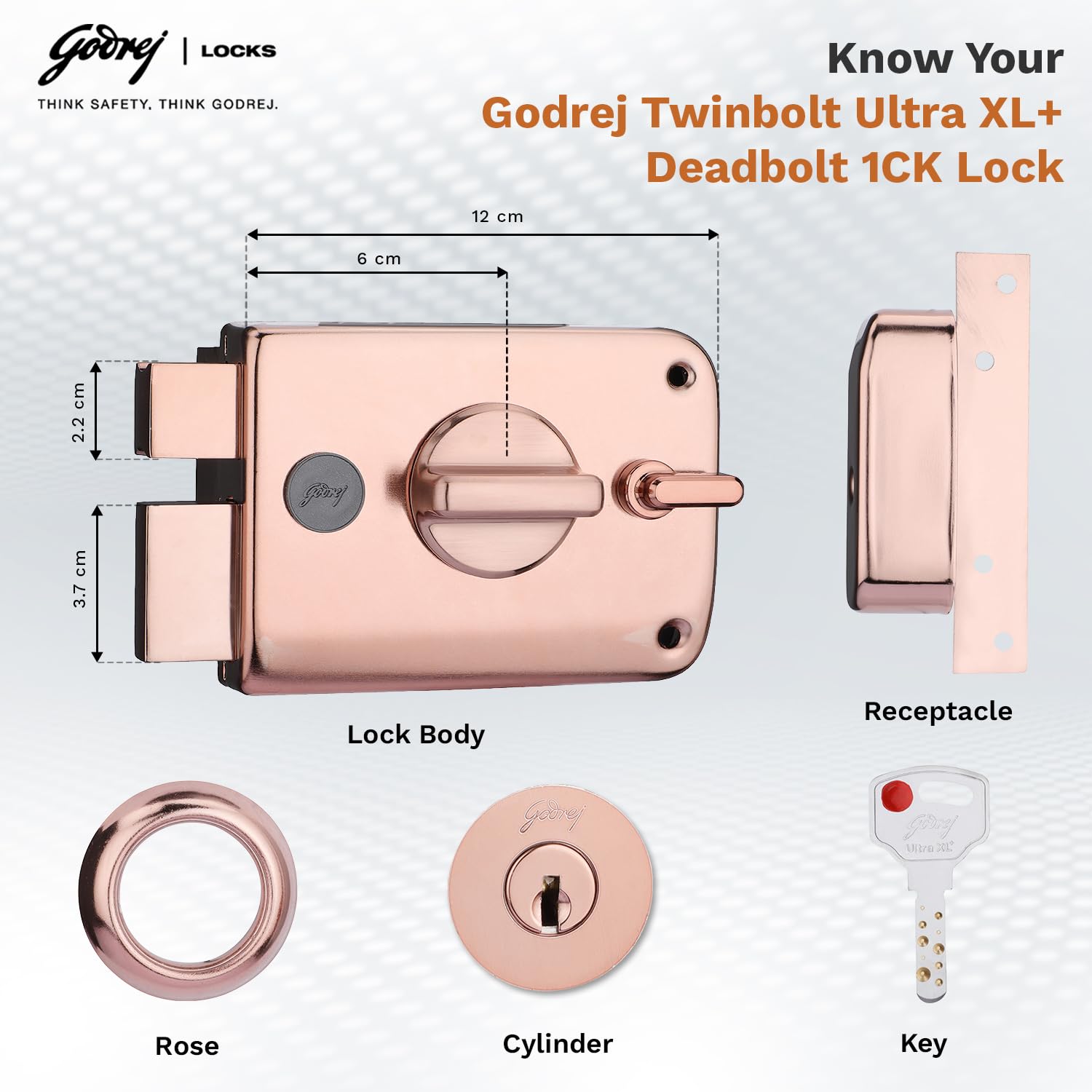 Godrej Rim Lock I Twinbolt Ultra XL+ | 1CK Deadbolt I for Inside Opening Wooden Door | Left/Right Handed Doors I 4 Keys I 5-Year Warranty I Manual Locking l Rose Gold Finish 4