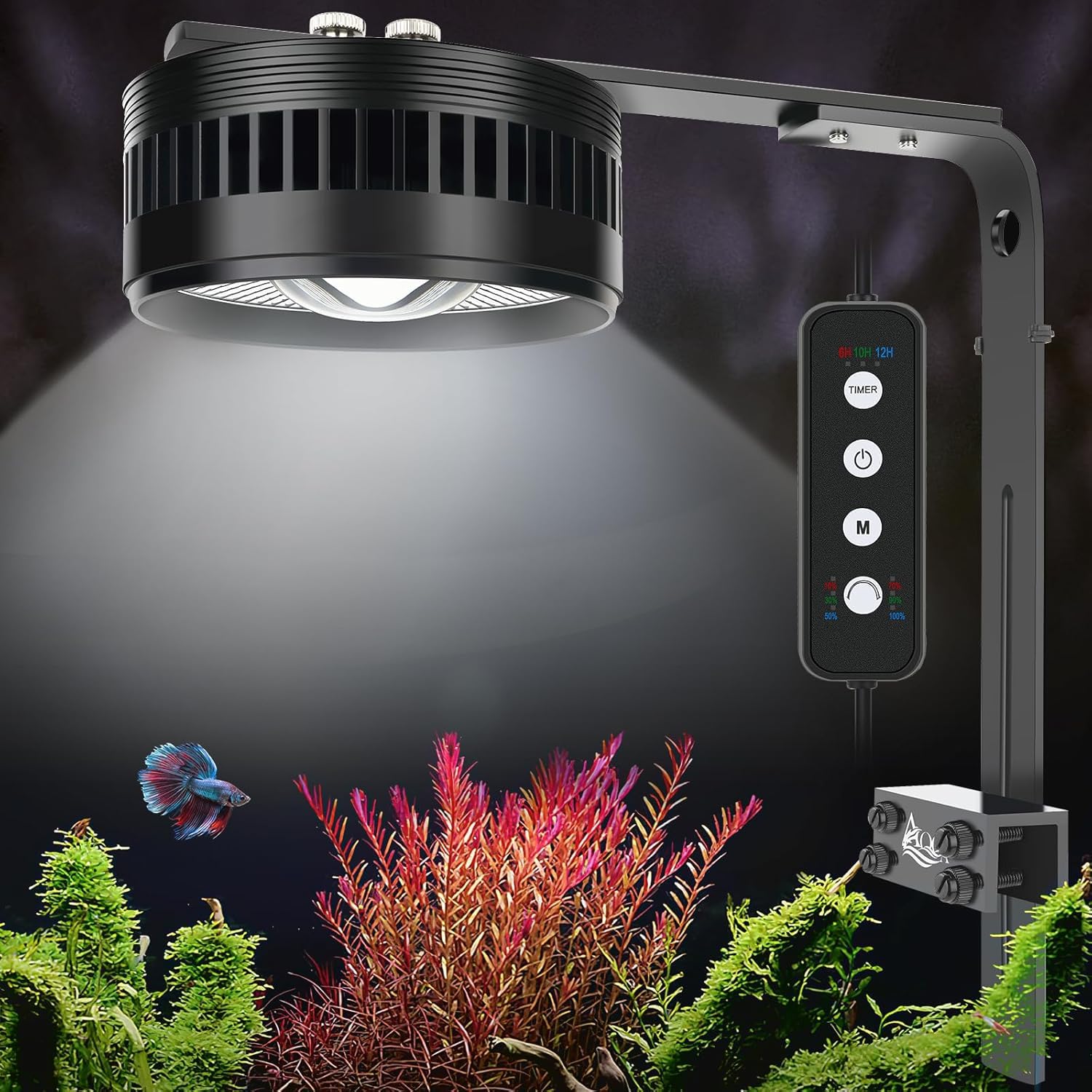 AQQA COB LED Aquarium Light with Controller, 60W Fish Tank Light with 3 Modes (White/RGB/Full Spectrum), Timer & 6 Brightness Levels, Adjustable Clamp for Freshwater Plants Fish Tanks