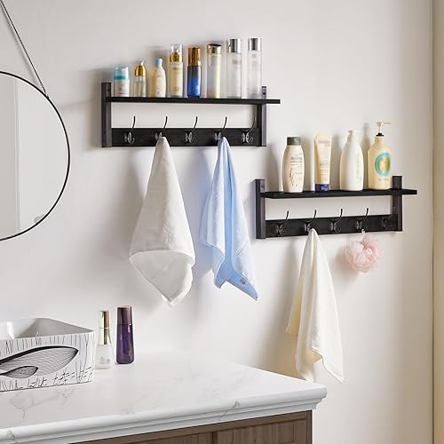 Miniatura 4 de YMYNY Perchero montado en la pared, juego de 2 ganchos de entrada, con 10 ganchos, estante flotante de pared de 47.2 pulgadas con perchero para