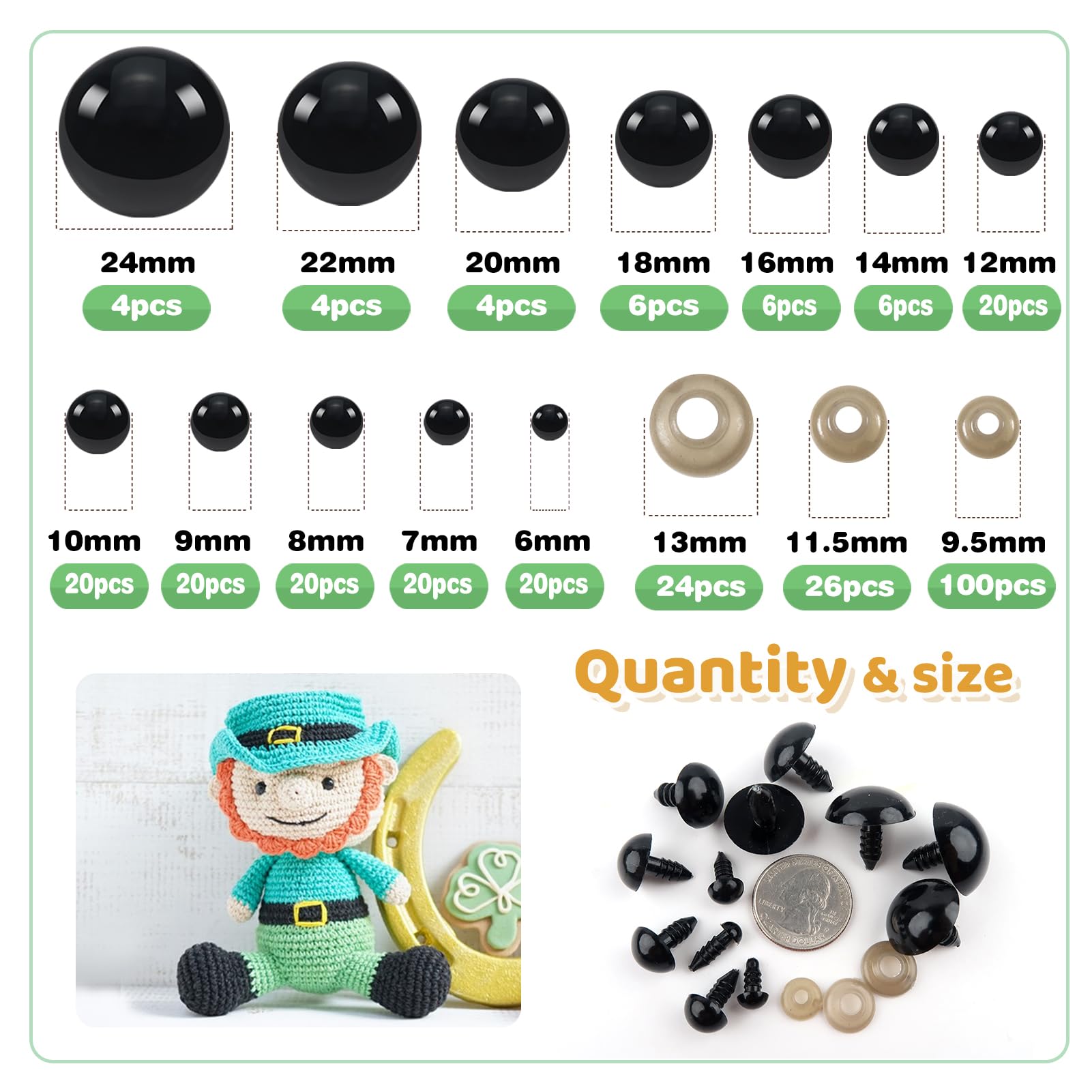 TOAOB 300 Occhi Di Sicurezza Per Amigurumi – Neri, 8 Mm, Con Rondelle Per Bambole E Pupazzi All'uncinetto