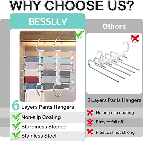 Miniatura 10 de Perchas para pantalones de 9 capas que ahorran espacio, paquete de 2 unidades antideslizantes de acero inoxidable multifuncionales para pantalones,