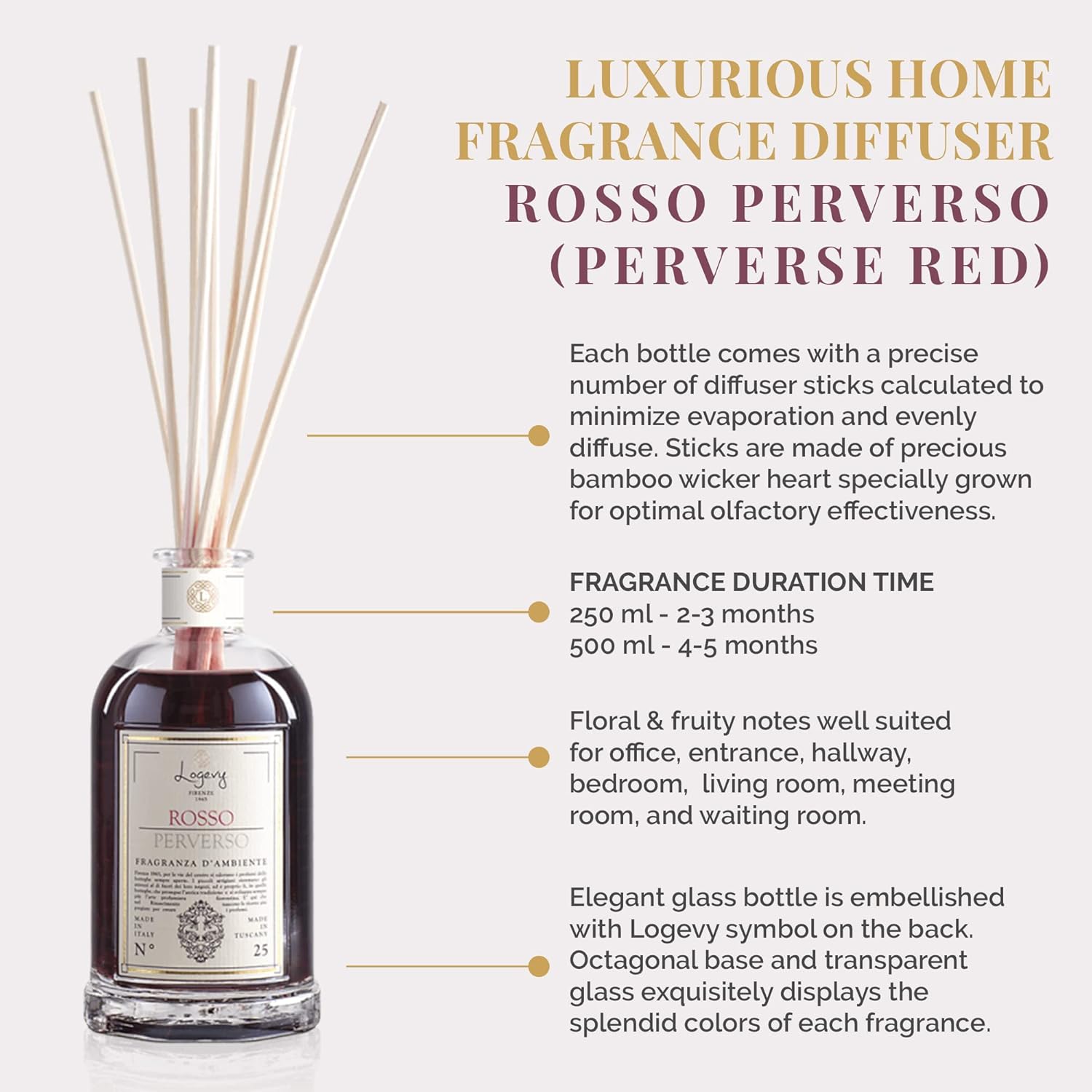 Logevy Firenze 1965 Rosso Perverso – Perverse Red Luxury Home Fragrance Diffuser from Master Perfumer in Italy with Floral & Fruity Notes in Elegant Glass Bottle with 12 Natural Bamboo Reeds – 500ml