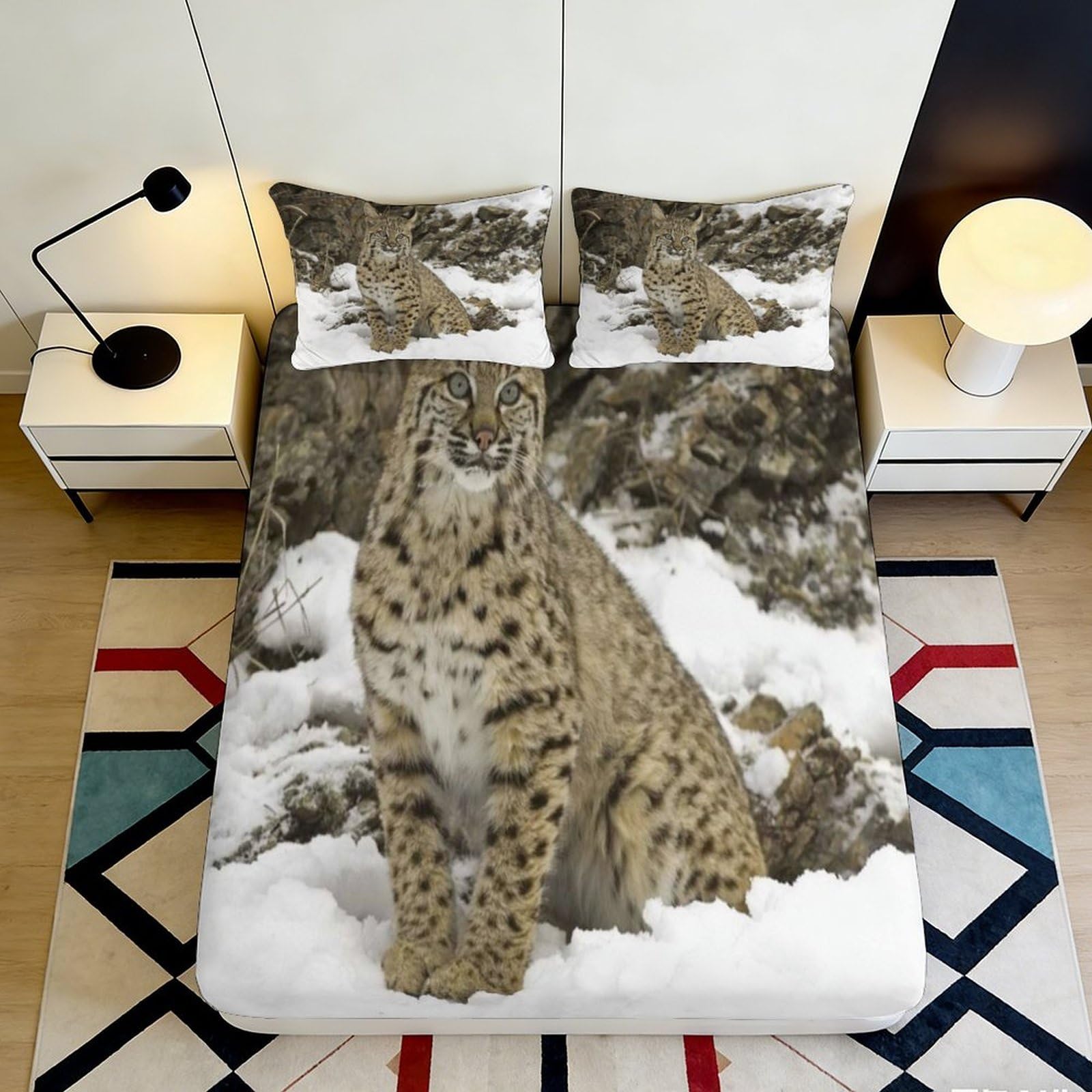 3D Printed Snow Leopard Fitted Sheet Microfiber Soft Durable Wild Cat Bed Cover for Bedroom Dormitory Guest Room Mattress Protection 120x200x25cm
