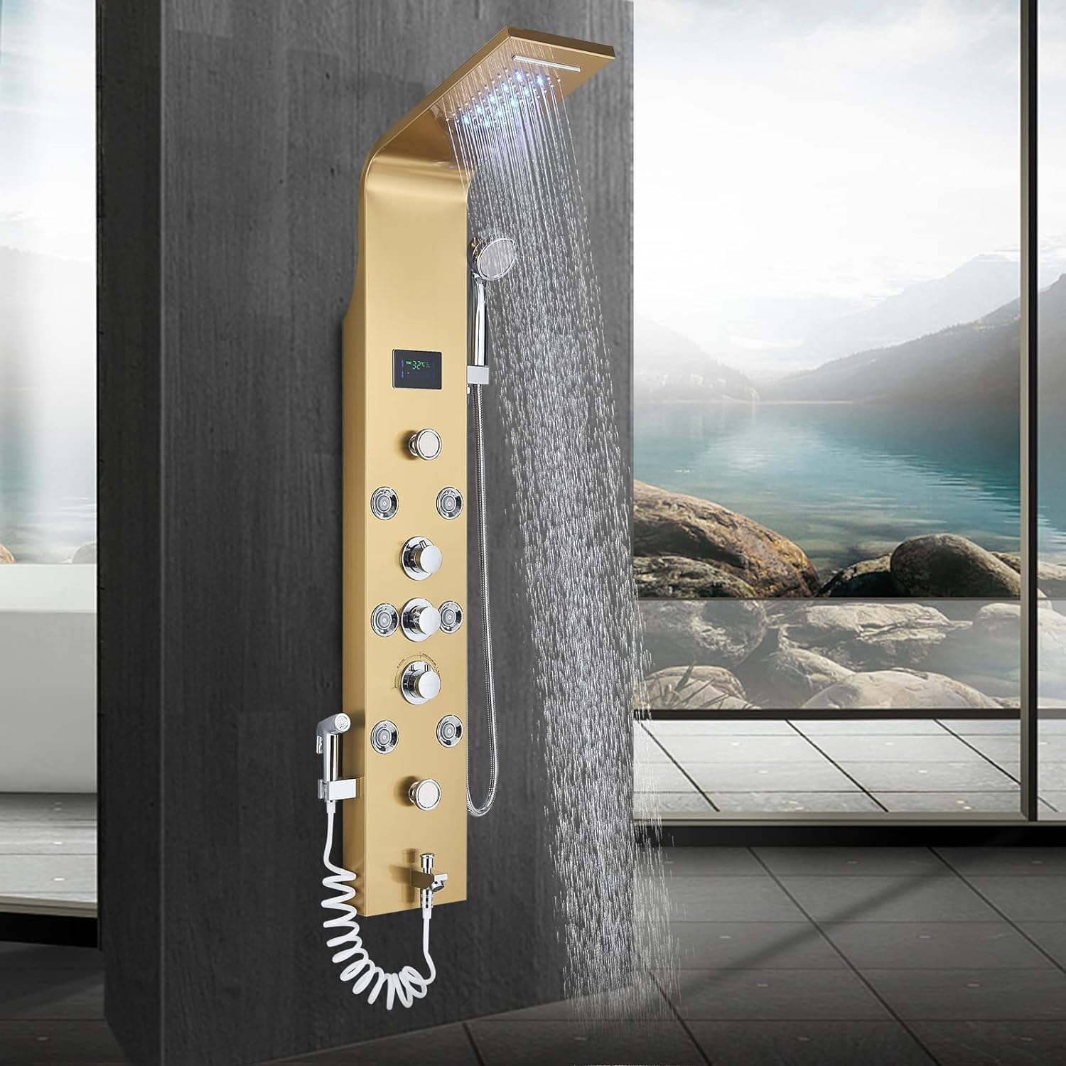 Colonne de douche LED acier inoxydable avec douchette cascade et bec baignoire haute pression