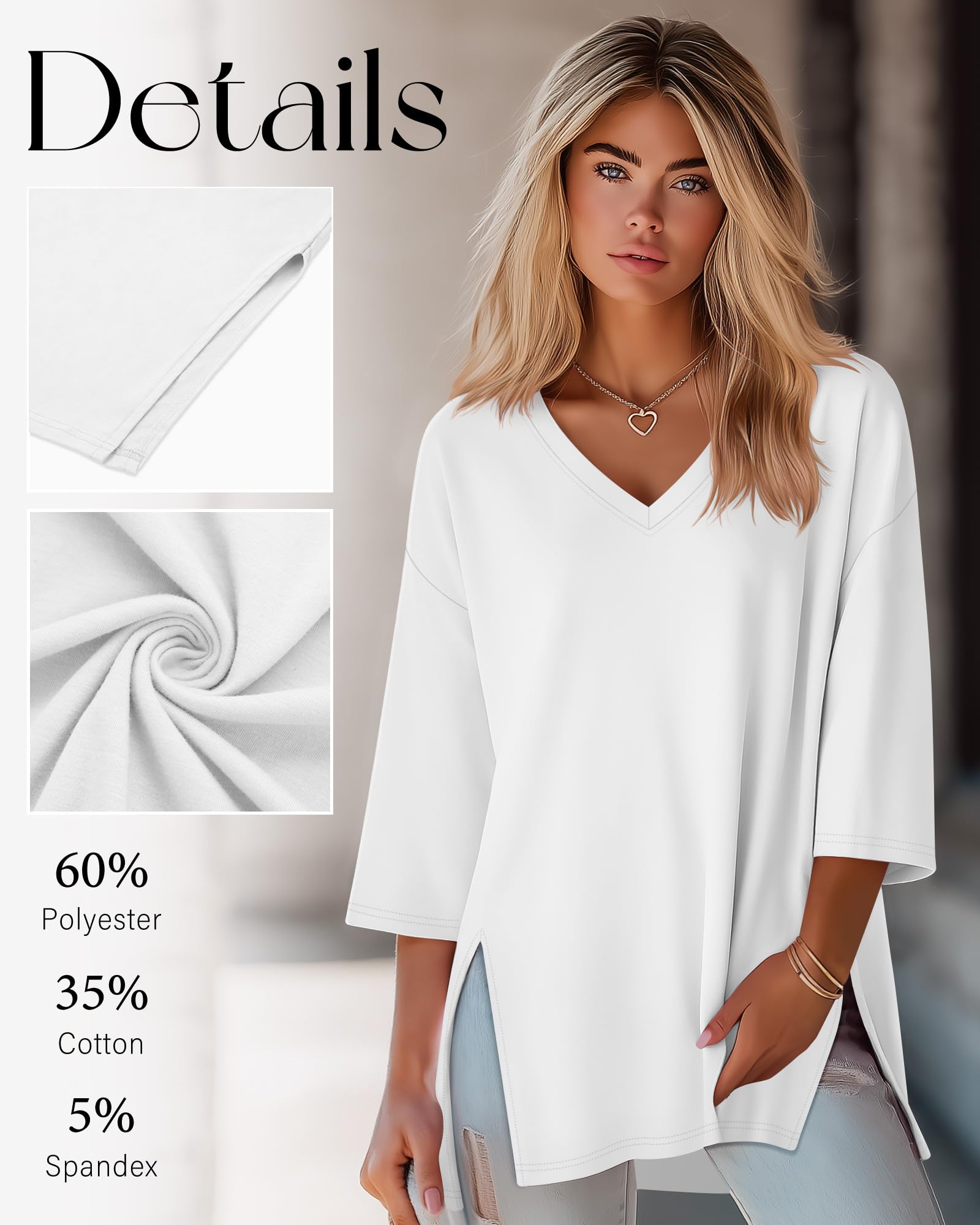 Pack 3 Tops Mujer Oversize Manga 3/4 Cuello V | Túnicas Con Aberturas Laterales, Camisetas Holgadas, Ropa Transpirable, Prendas Casual, Outfit a Capas, Moda De Otoño