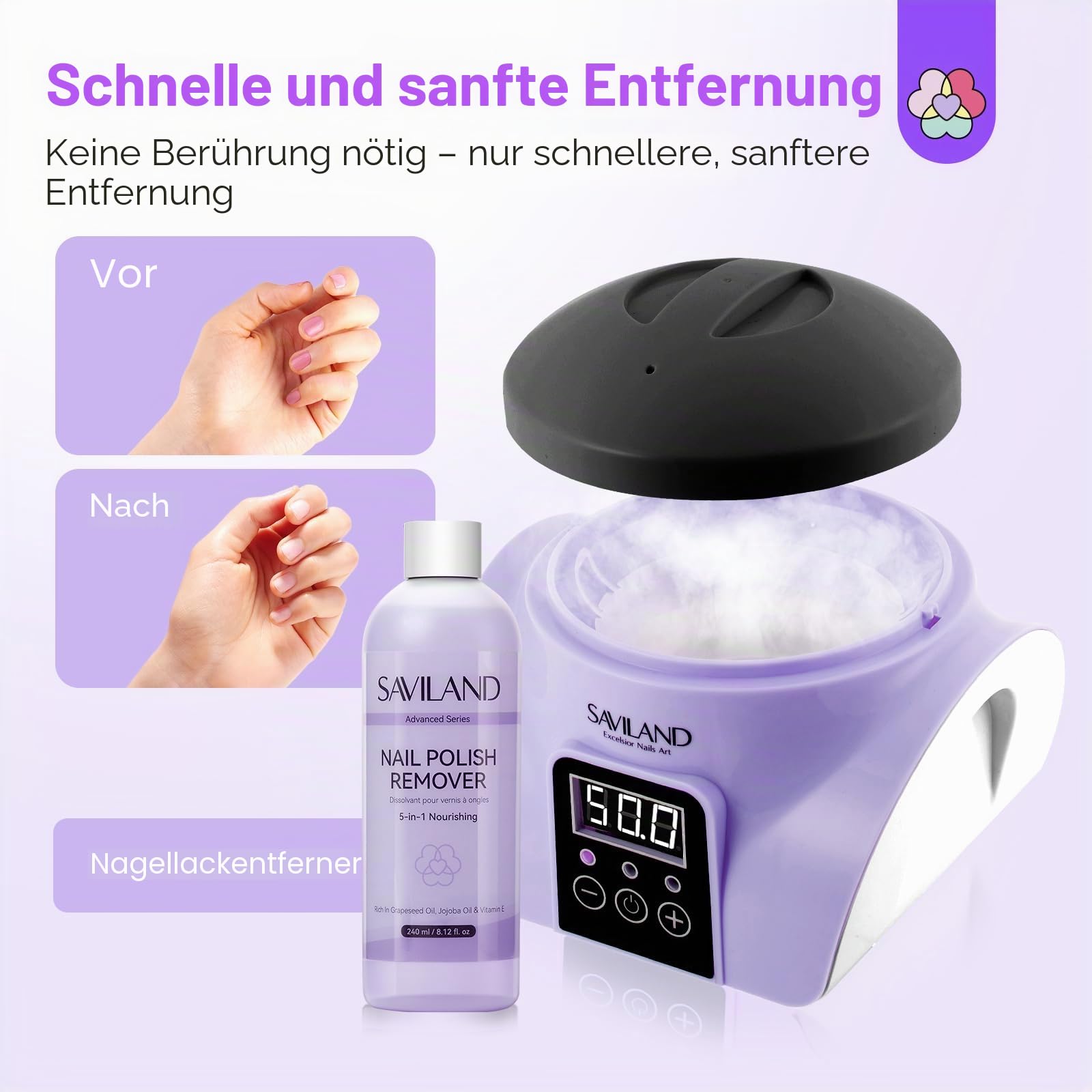 SAVILAND Essentials Nageldampfer Entferner Set: Ultraschnelle und Unschädliche Gel Nagelentfernungsmaschine mit Nagellackentferner Elektrischer Nagel Soak Off Schüssel Nano Dampftechnologie Aceton