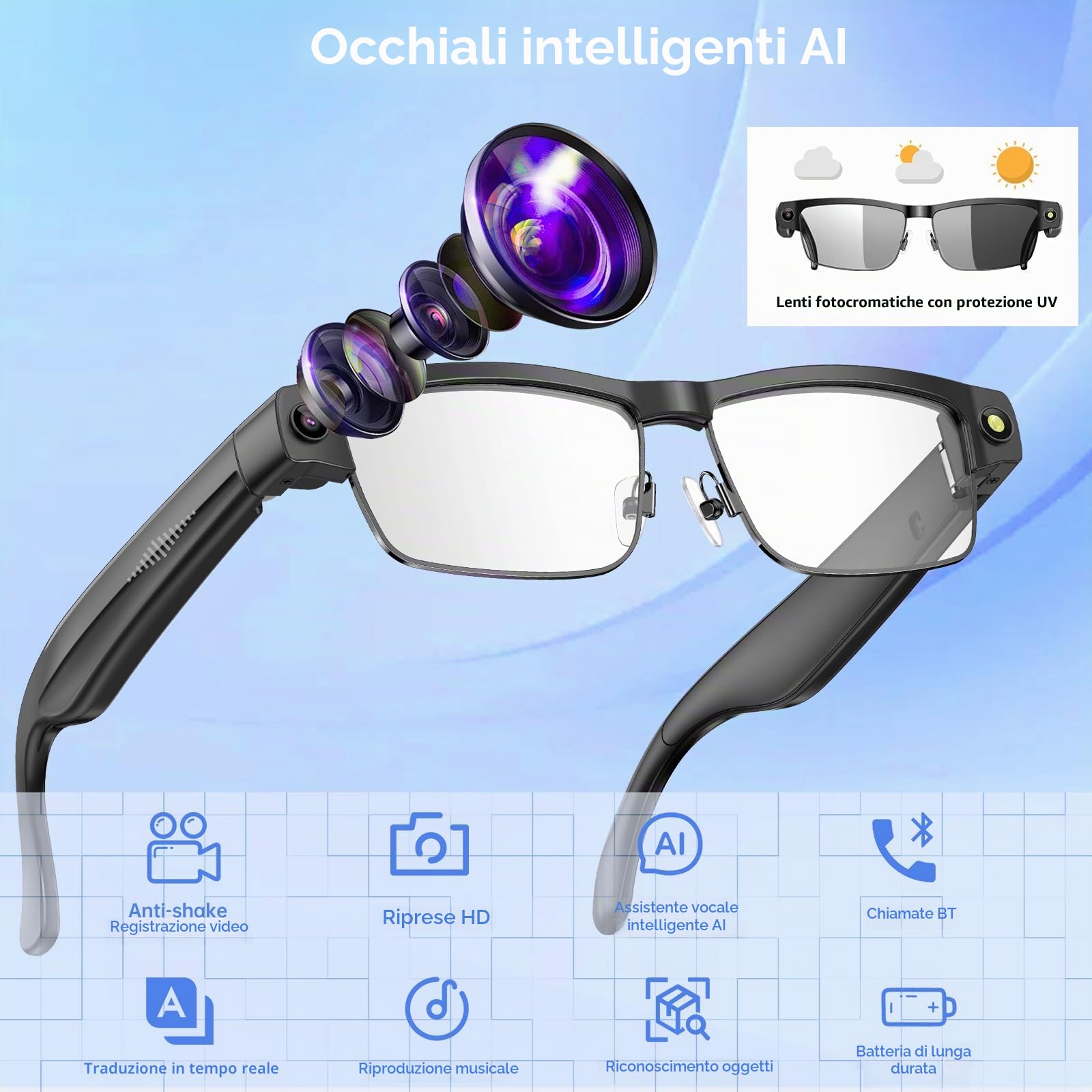 Occhiali Intelligenti con telecamera , Registrazione videocamera, Audio Open-Ear, ANC,Chiamate, smart ai glasses fotocamera alla Moda con Protezione UV, WiFi e Traduzione in Tempo Reale per Uomo Donna